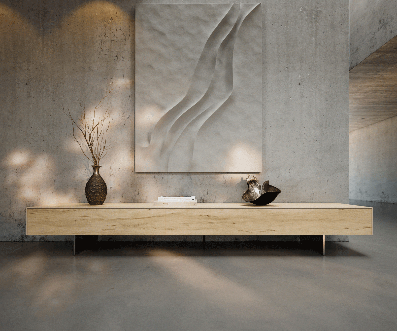 Tv-meubel Cuor 250 cm Keramiek Laminam® Sabbia Eiken gekleurd 1 Flap 1 Lade Zwevende voet look Roestvrij staal 3