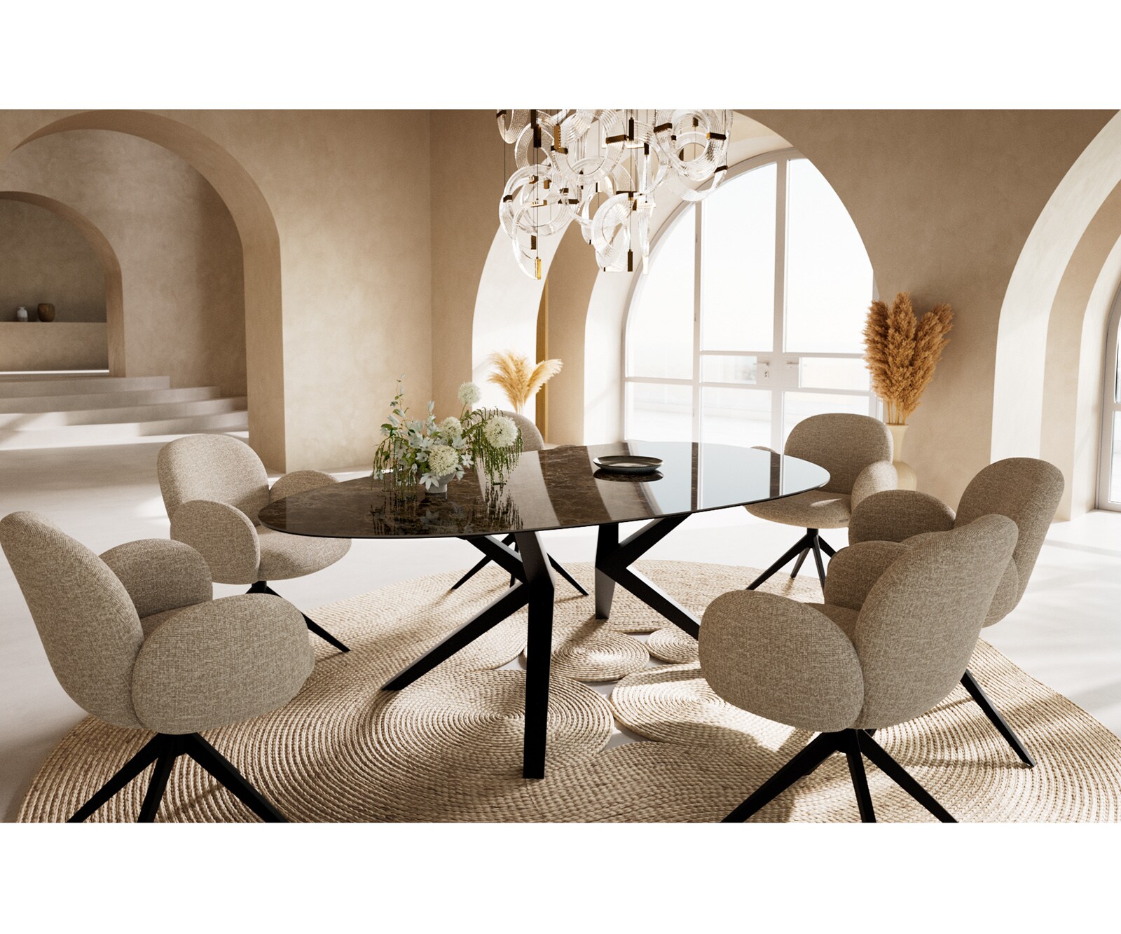 Eetkamertafel Edge ovaal 220x120 keramiek Laminam®Emperador Extra Lucidato donkerbruin Zenthara hoekig metaal zwart 6