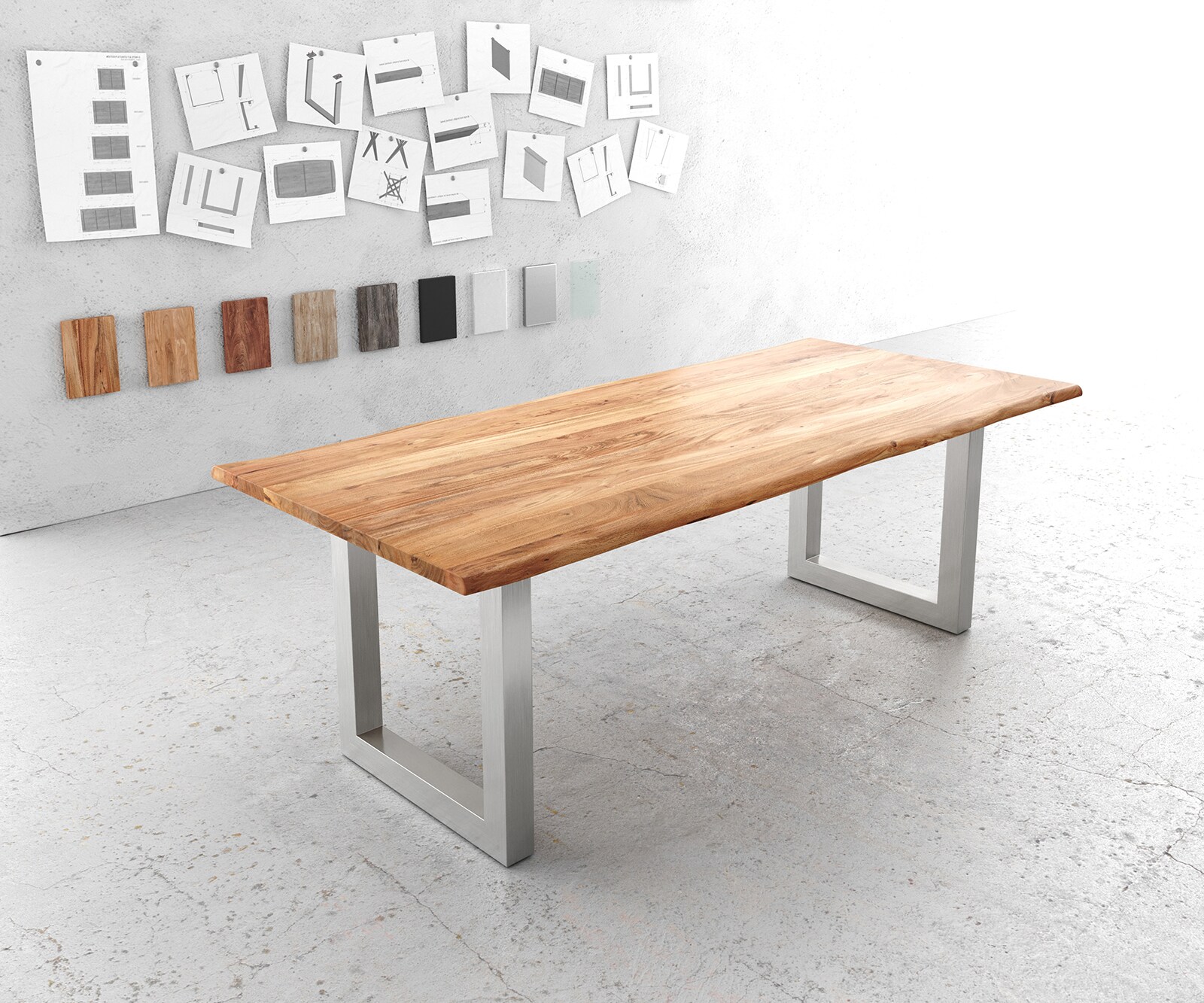 Eettafel Edge 220x100cm acacia natuur roestvrijstaal breed Live-Edge 1