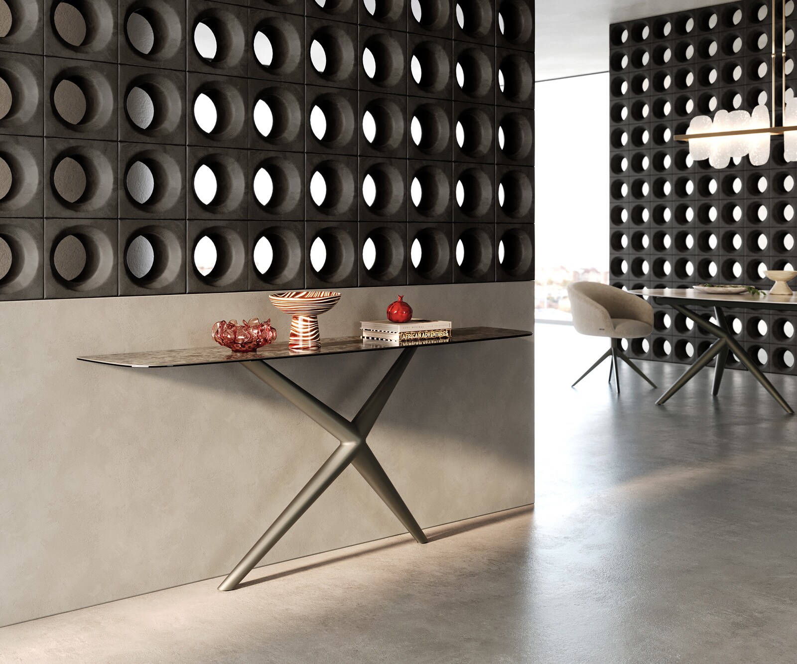 Consoletafel Edge Bootvorm 180x40 cm Keramiek Emperador Extra Lucidato Dunkelbraun Estelo Metaal Effektfinish Titan 7