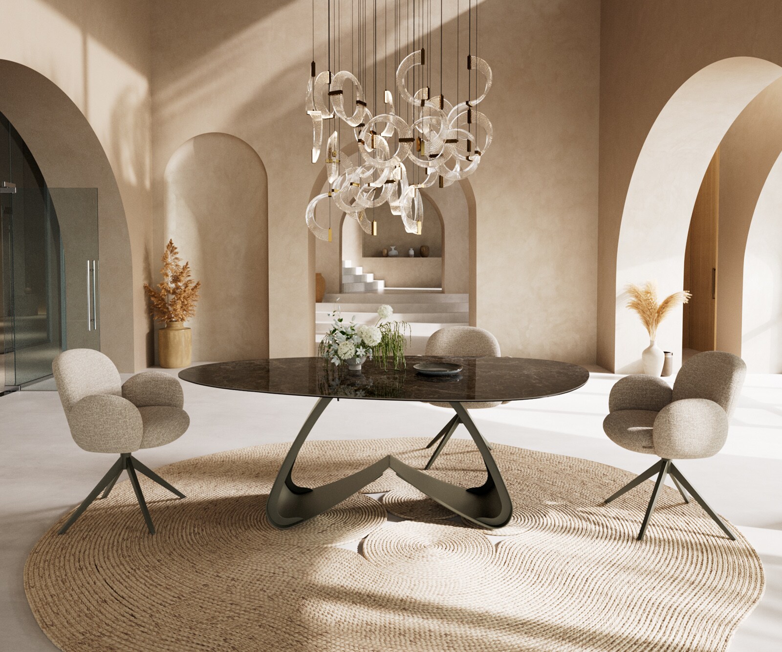 Eettafel Edge Ovaal Keramiek Emperador Extra Lucidato Donkerbruin 220x120 W-onderstel Metaal effectafwerking Titanium 4