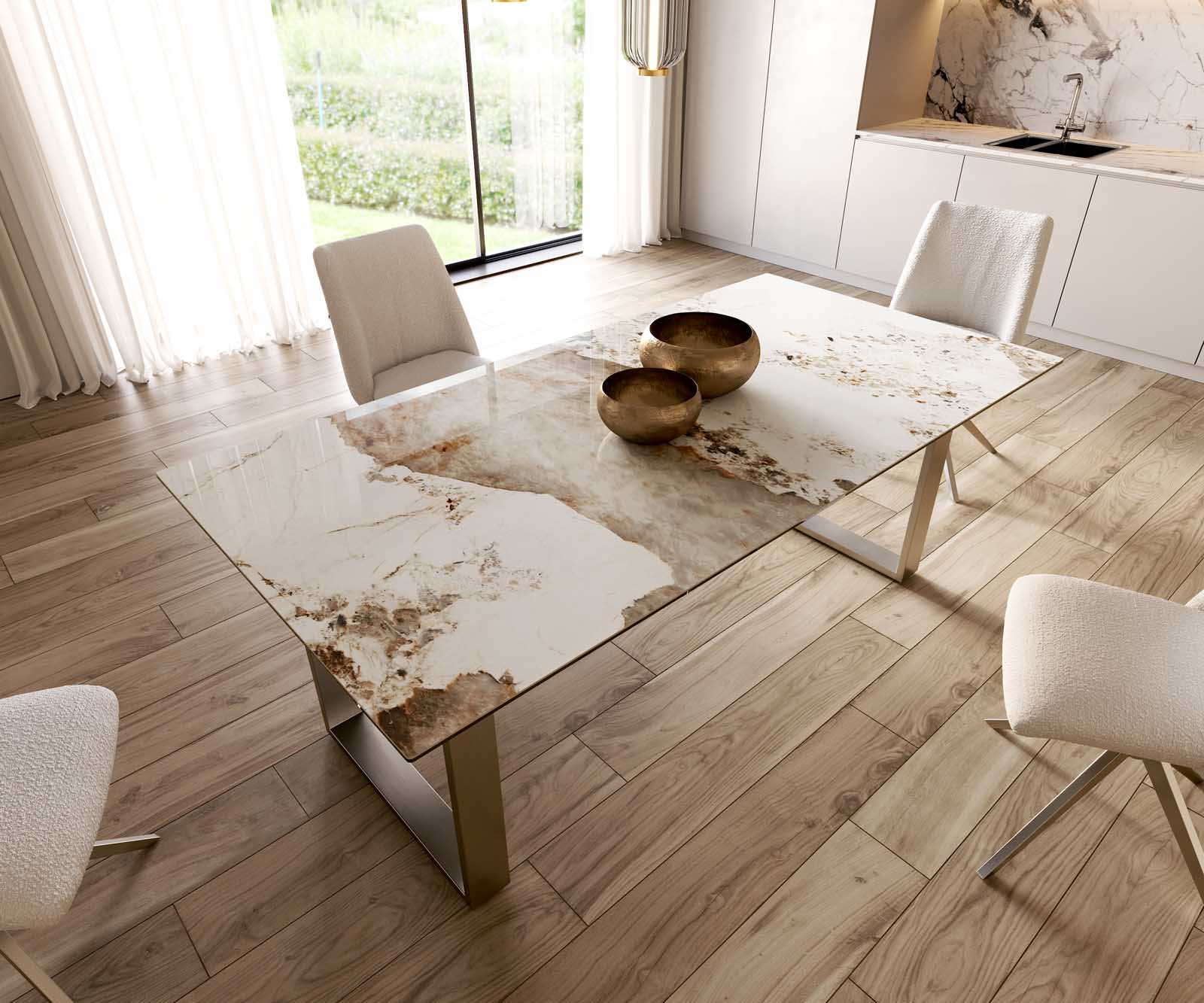 Eetkamertafel Edge 200x100 keramiek Minas Melange wit-beige RVS Schmal 5