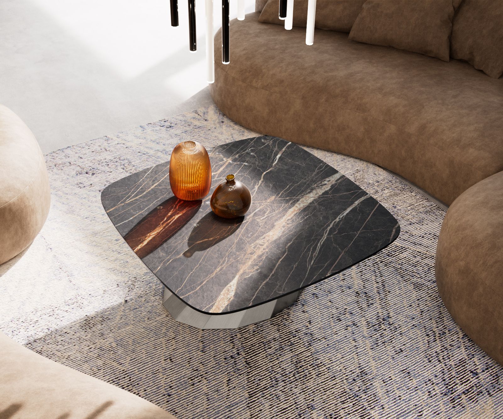 Salontafel Edge Boot 90x90 cm keramiek Laminam® Noir Desir bruin Parabi geborsteld roestvrij staal 4