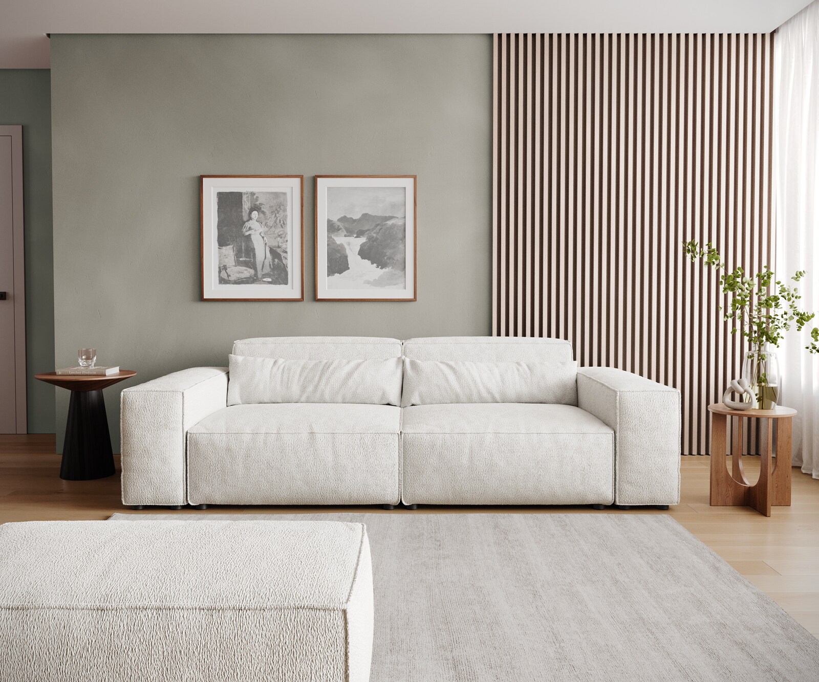 Grote bank Sirpio 230x95 cm bouclee crème-witte met kruk 2