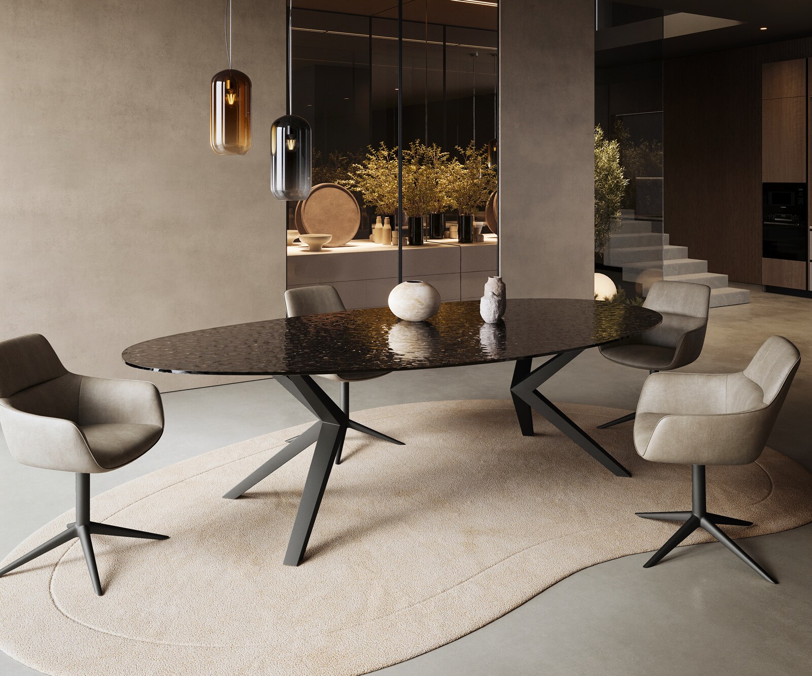 Eetkamertafel Edge ovaal 280x130 reliëfglas Rauchzwart 3D-Design Zenthara hoekig metaal zwart 5