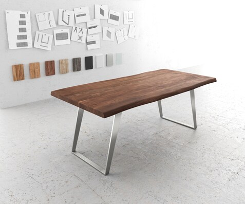 Eettafel Edge 200x100 XL acacia bruin roestvrijstaal schuin Live-Edge