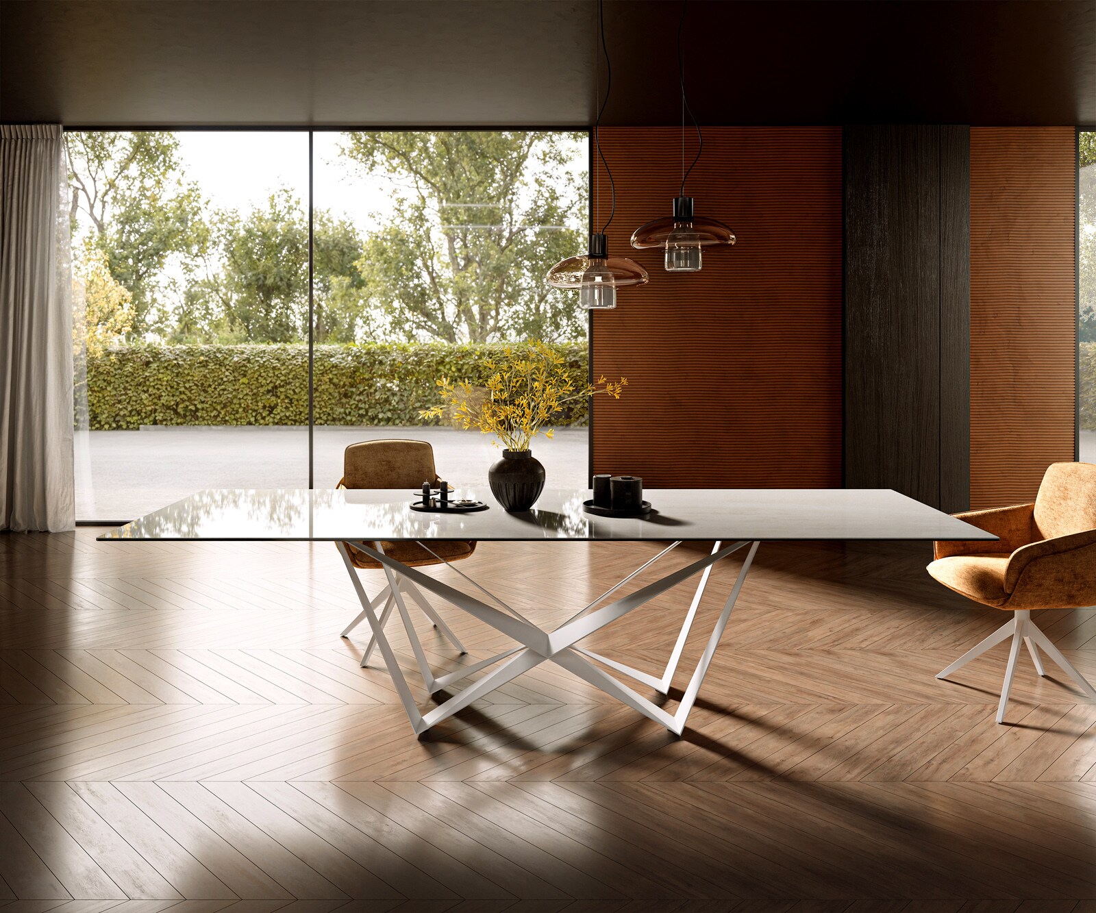 Eettafel Edge 300x100 cm keramiek Onyx Champagne Spider metaal wit 1