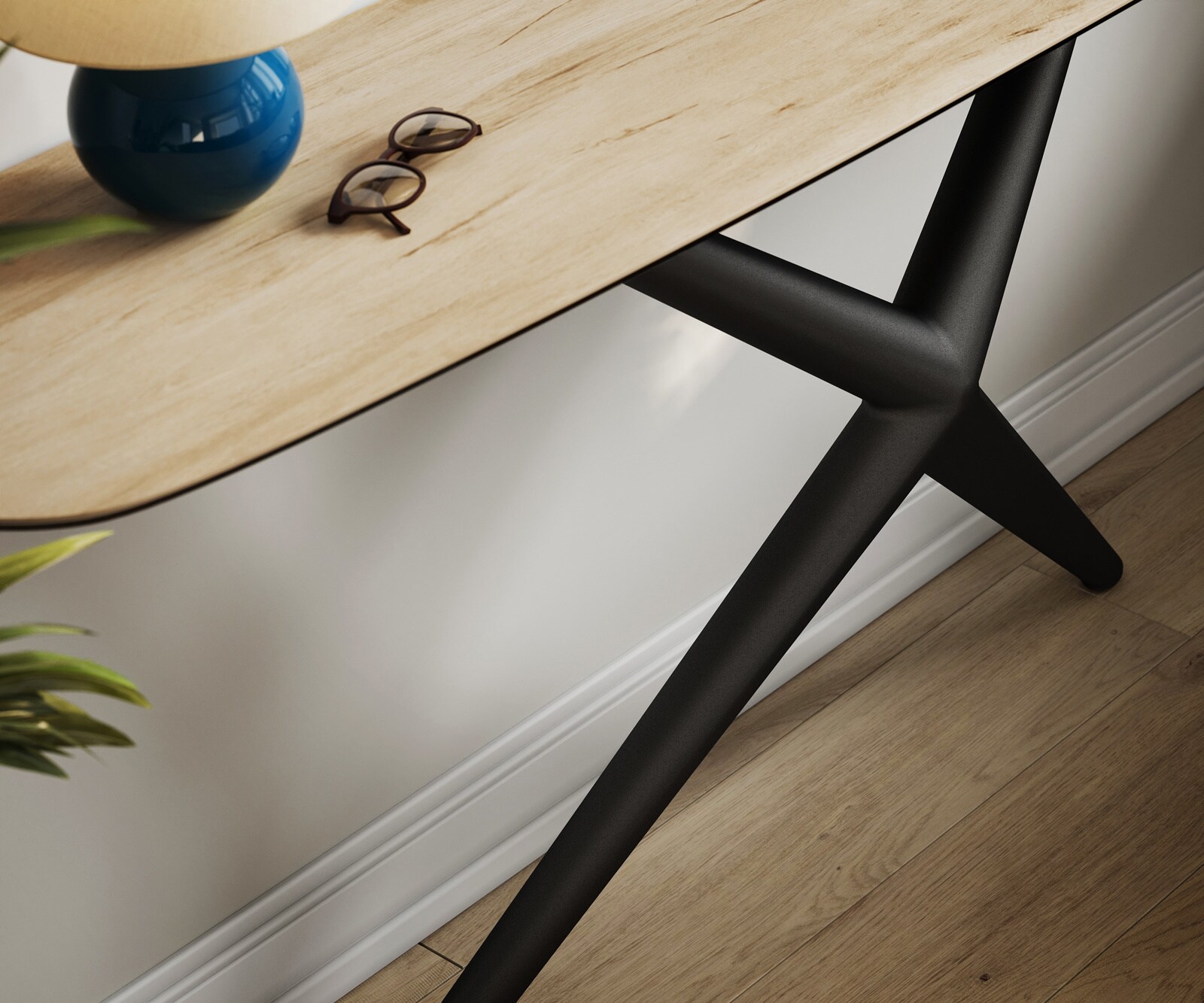 Consoletafel Edge Bootvorm 180x40 cm Keramiek Laminam® Sabbia Eichefarbig Estelo Metaal Zwart 6