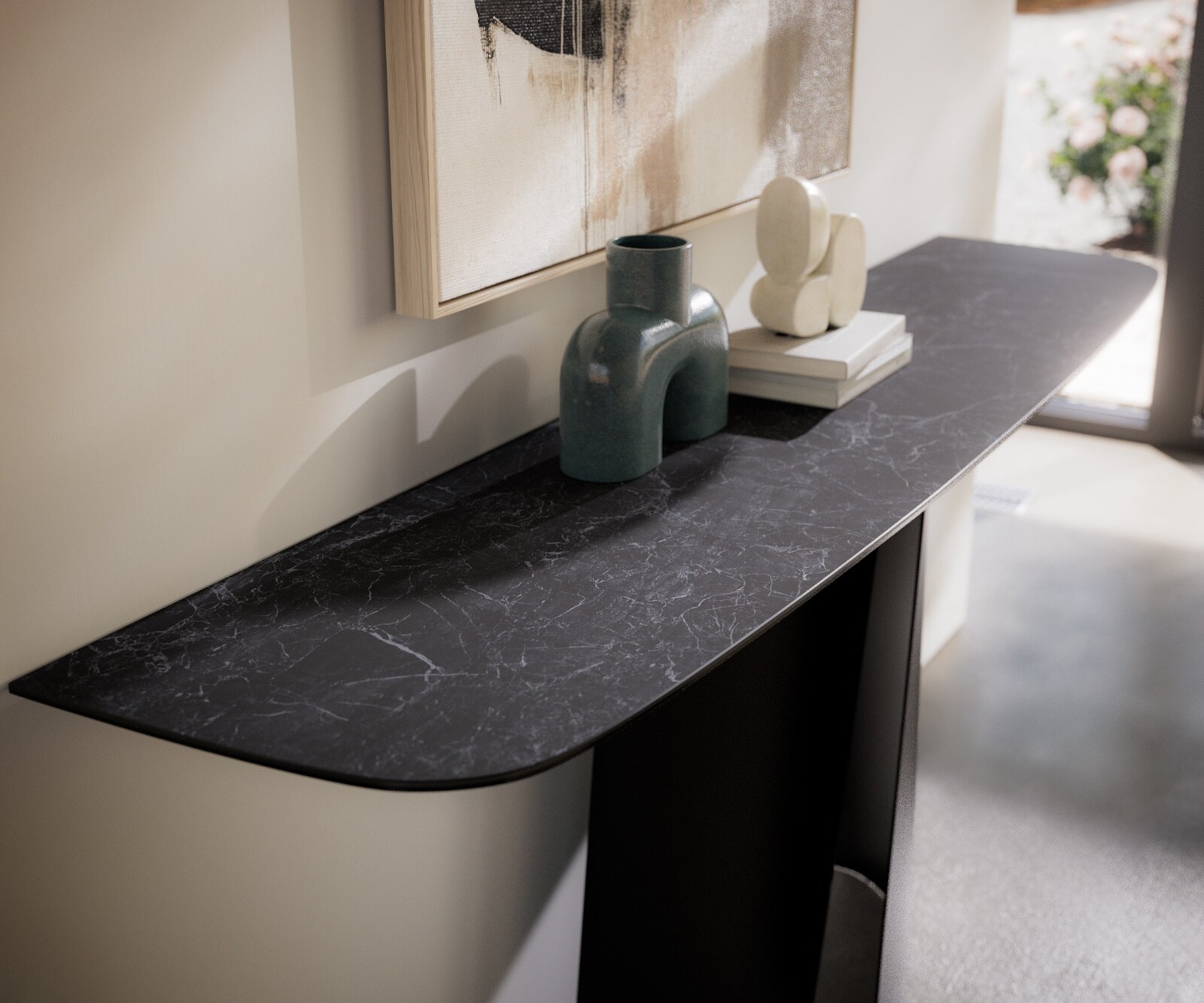 Consoletafel Edge Bootvorm 180x40 cm Keramiek Laminam® Nero Greco Anthrazit Livos Metaal Zwart 2