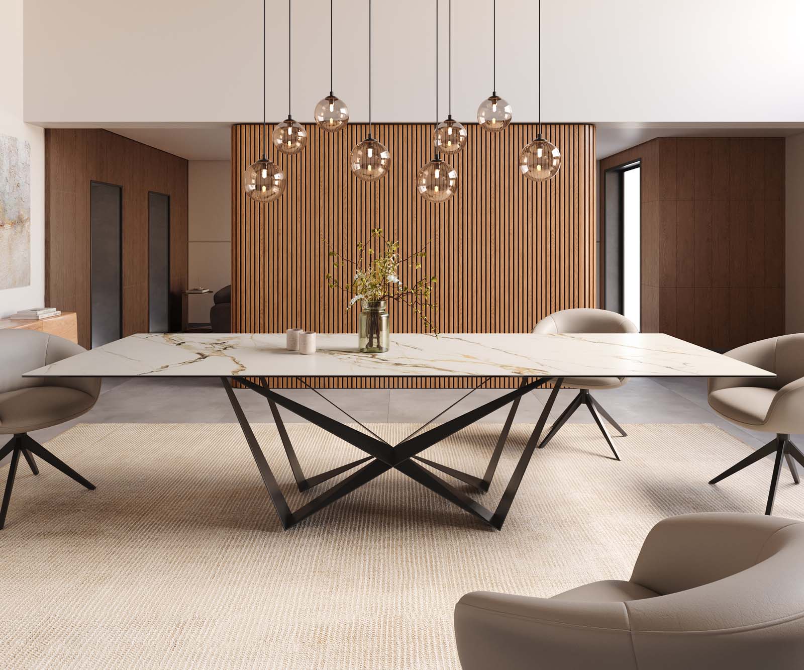 Eetkamertafel Edge 300x100 keramiek Calacatta Luxe wit-goud-grijs spider vlak staal zwart 2