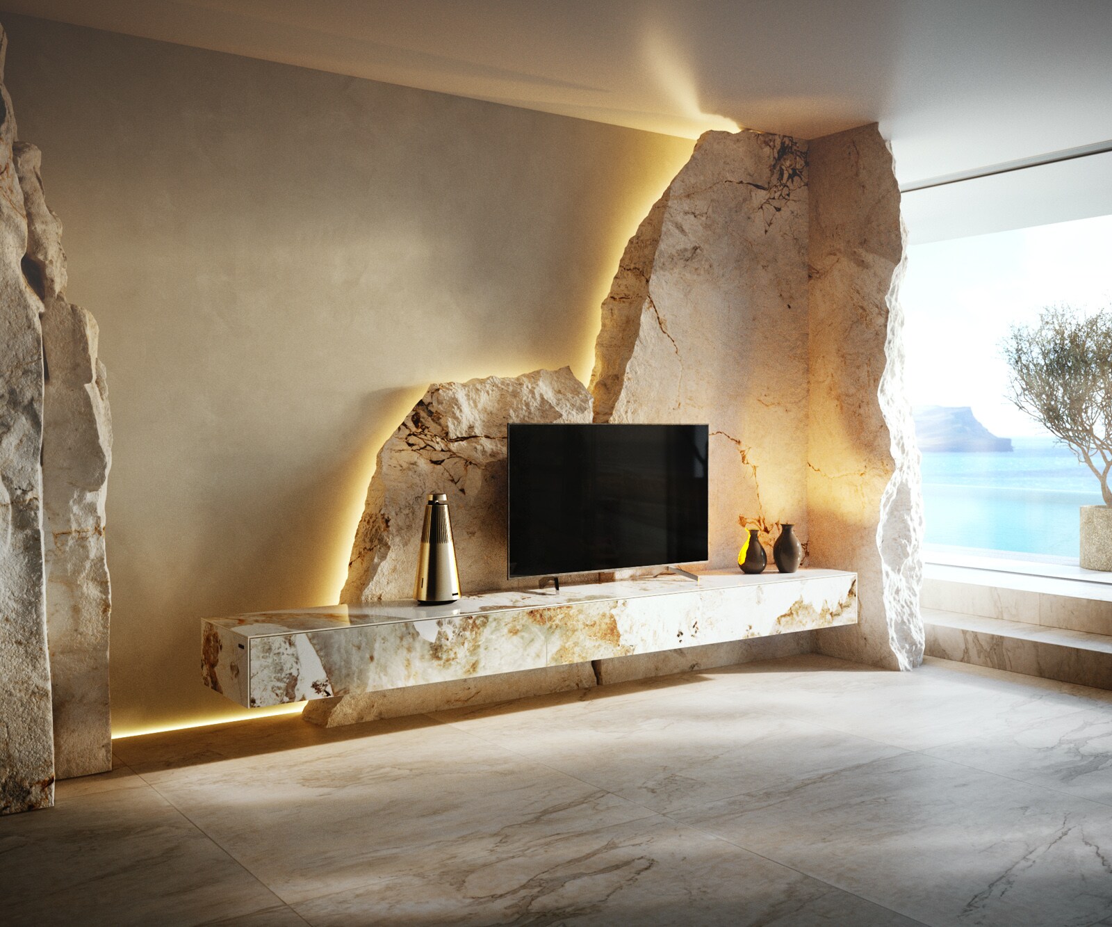 Tv-meubel Cuor 250 cm Keramiek Minas Melange Wit-beige 1 Flap 1 Lade Zwevend 2