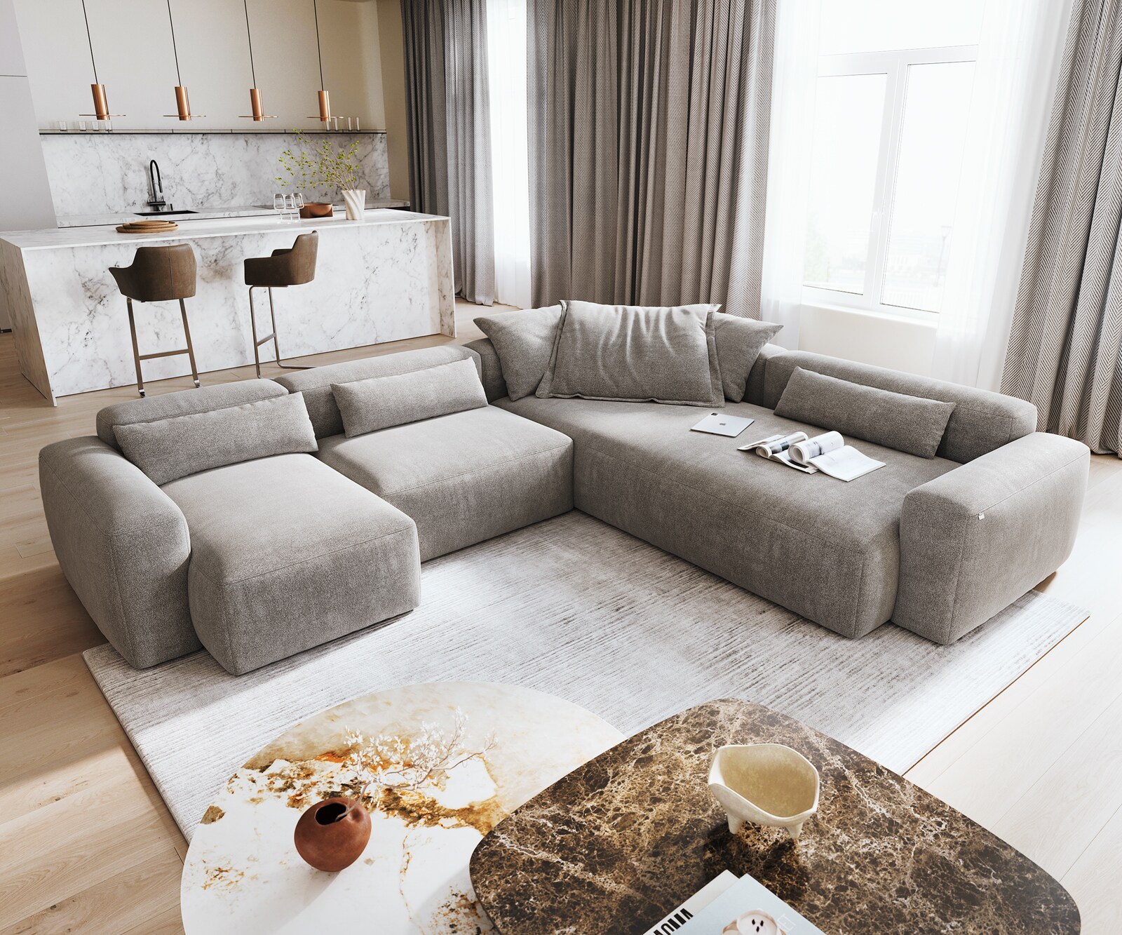 Woonkamer landschap Freestyle 360x290 cm Zachte stof met structuur Grijs kapnaad