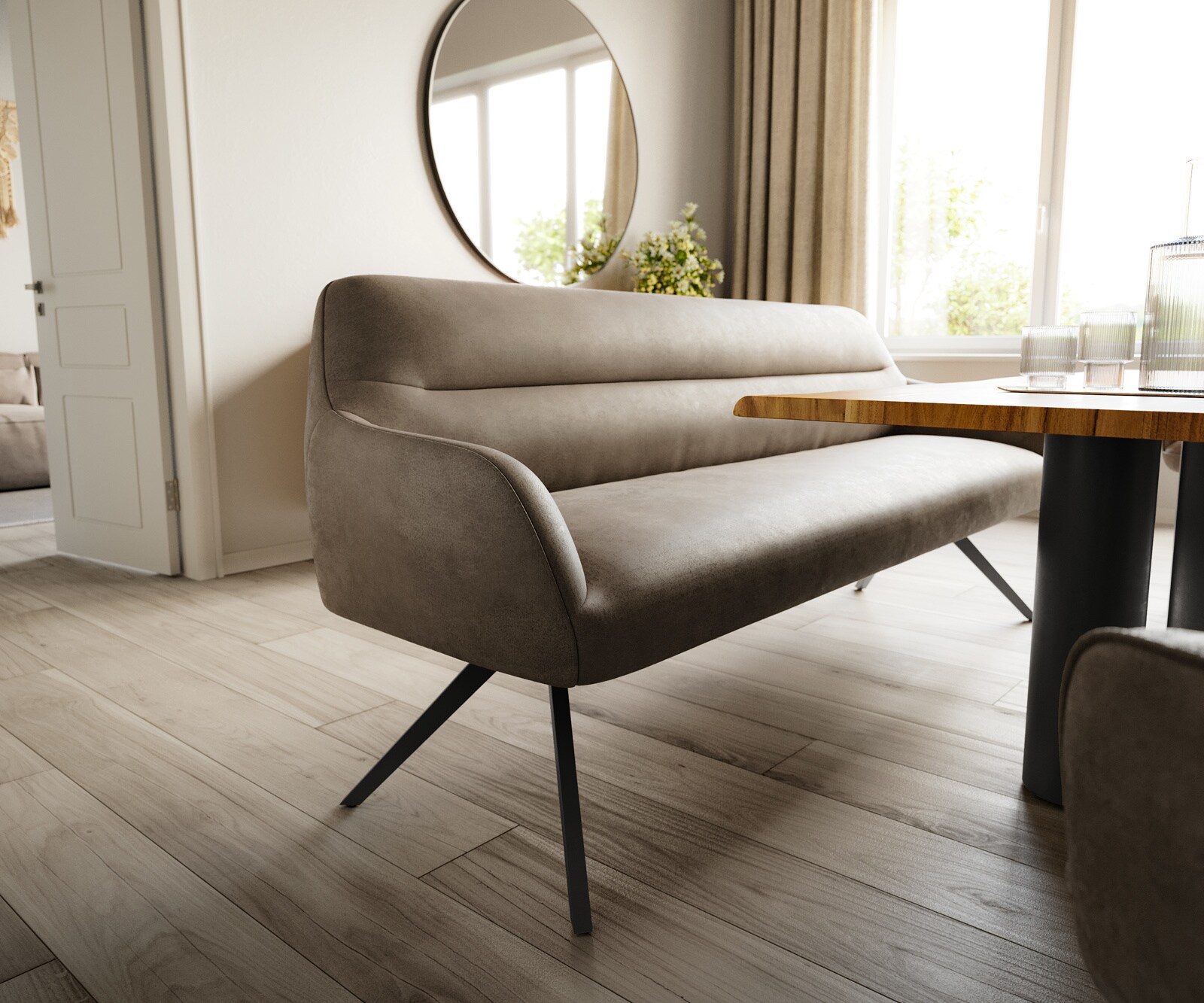 Eetkamerbank Taya-Flex 200 cm microvelours taupe vintage hoekig kruisframe zwart pocketvering 4
