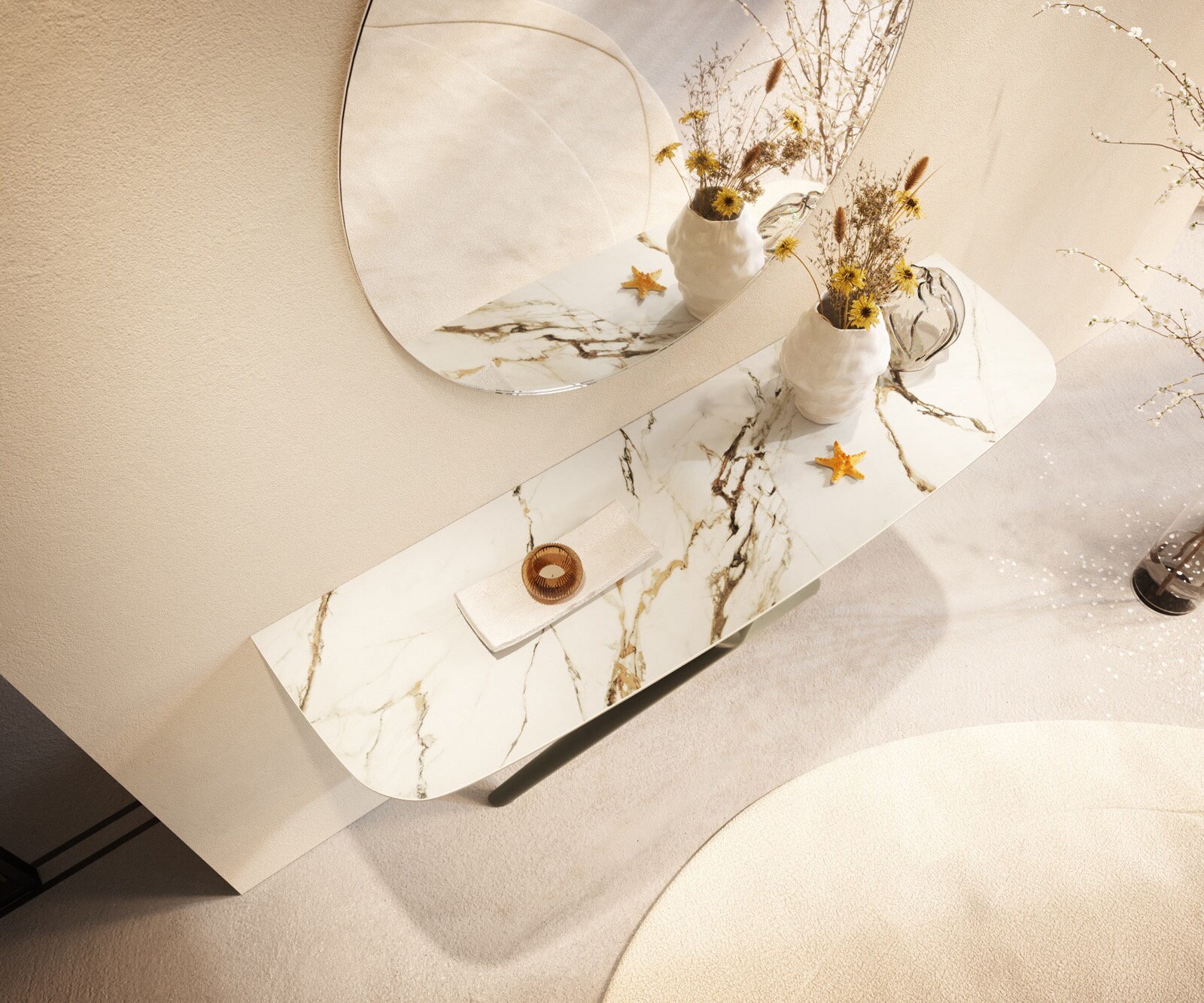 Consoletafel Edge Bootvorm 140x40 cm Keramiek Calacatta Luxe Weiß-Gold-Grijs Estelo Metaal Effektfinish Titan 2