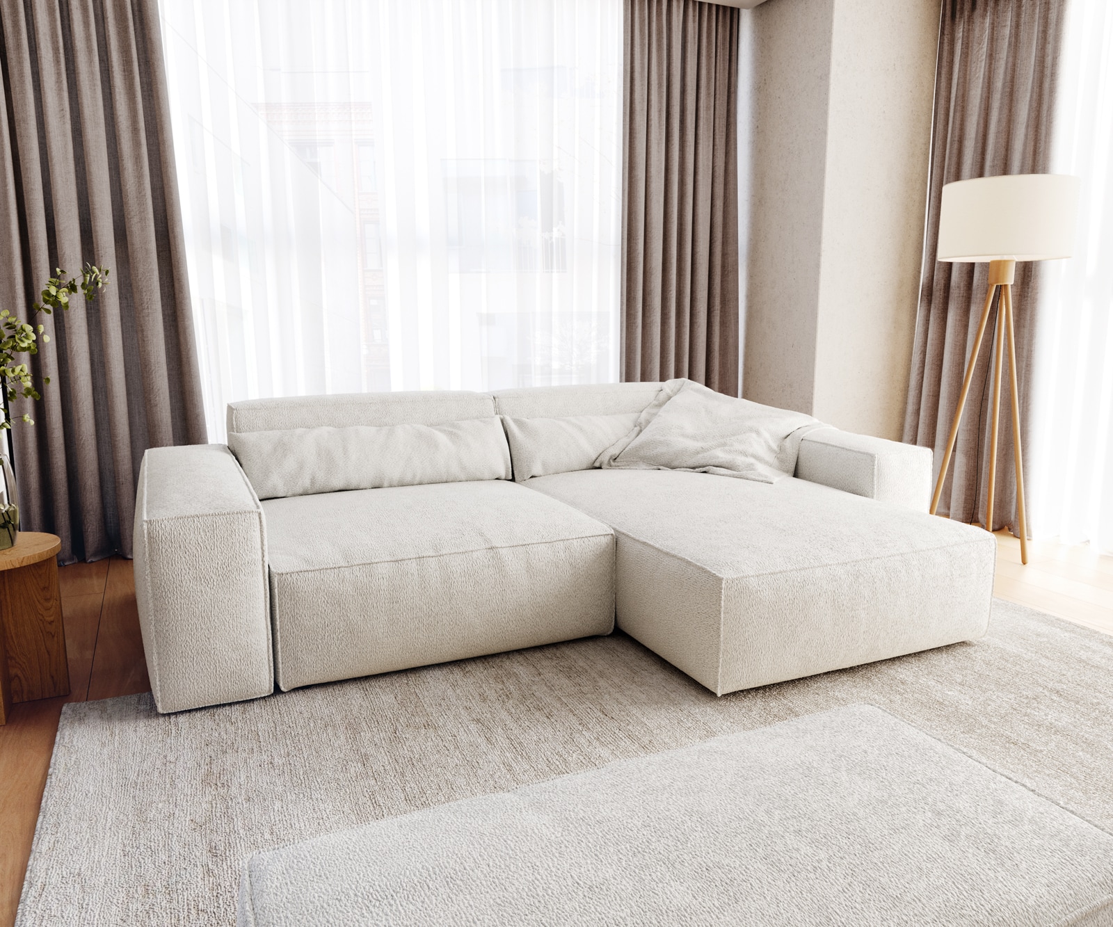 Hoekbank Sirpio XL 270x170 cm bouclee cream-white recamiere variabel met kruk Hoekbank Sirpio XL 270x170 cm bouclee cream-white recamiere variabel met kruk