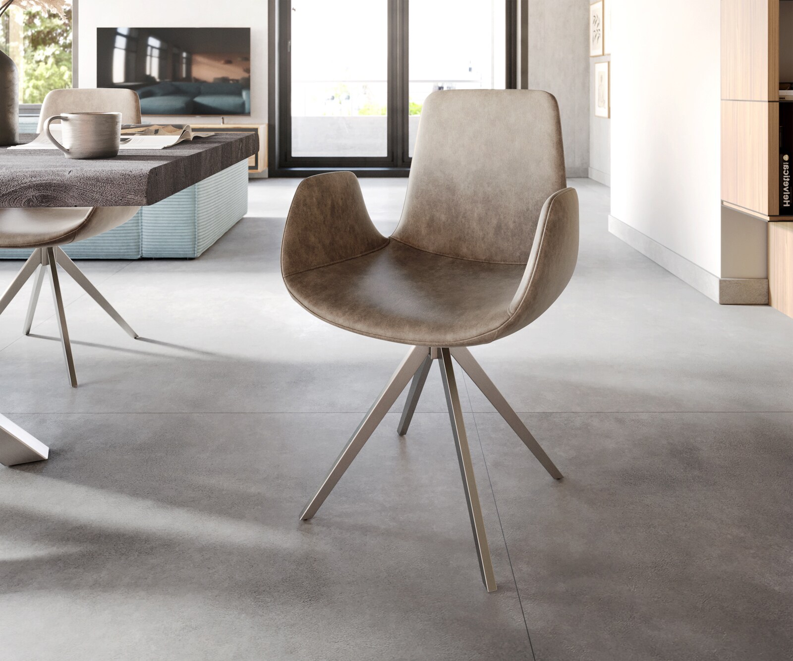Eetkamerstoel Ilia-Flex met armleuning microvelours taupe vintage kruisframe hoekig roestvrij staal