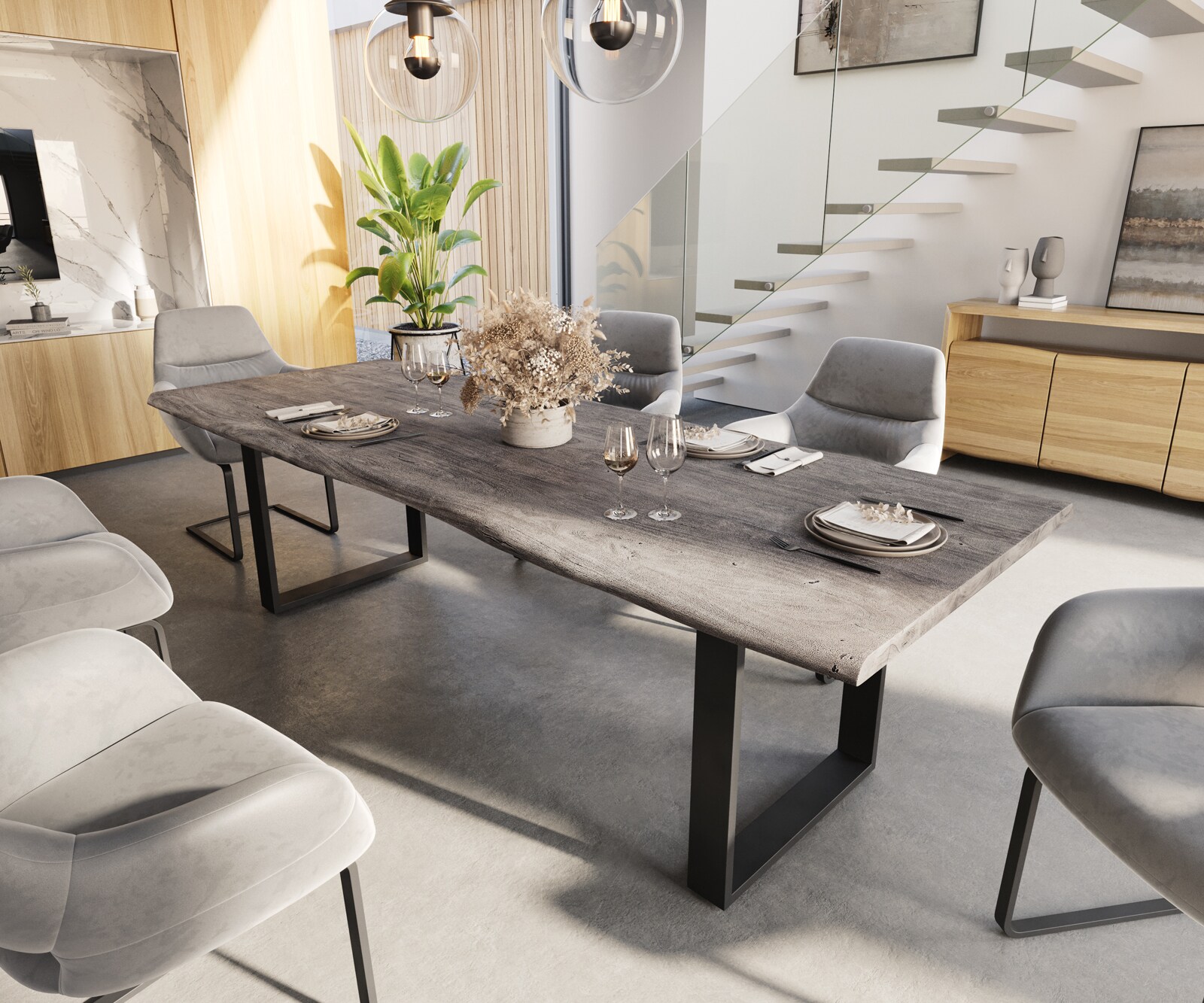 Eettafel Edge 260x100 acacia platina skidframe zwart Live-Edge