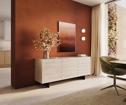 Dressoir Cuor 180 cm Keramiek Laminam® Travertino Bianco Crème-wit 2 Deuren 3 Laden Zwevende voet look Metaal Zwart