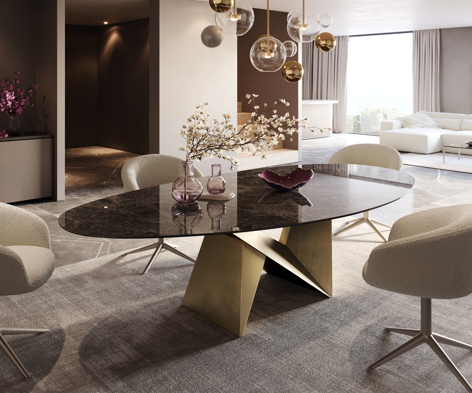 Eettafel Edge Oval 280x130 keramiek  Laminam® Emperador Extra Lucidato donkerbruin Origami metaal goud 1