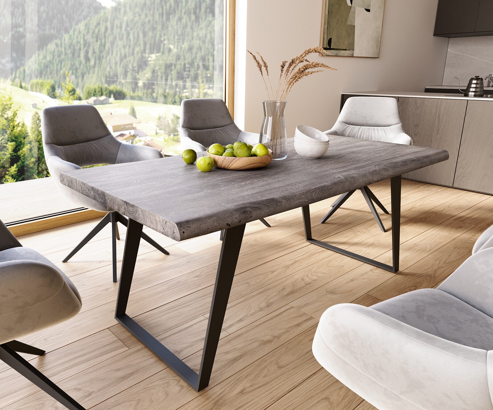Eettafel Edge 180x90 XL acacia platina  metaal schuin zwart  Live-Edge