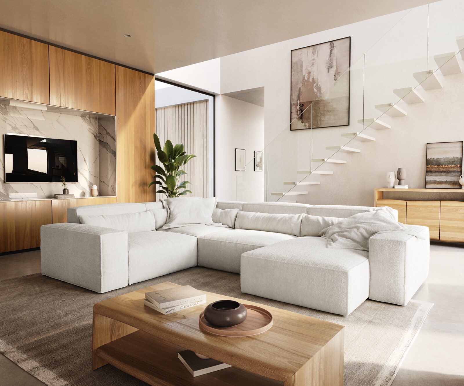 Woonkamer landschap Sirpio 300x210 cm bouclee crème-wit recamiere variabele 2