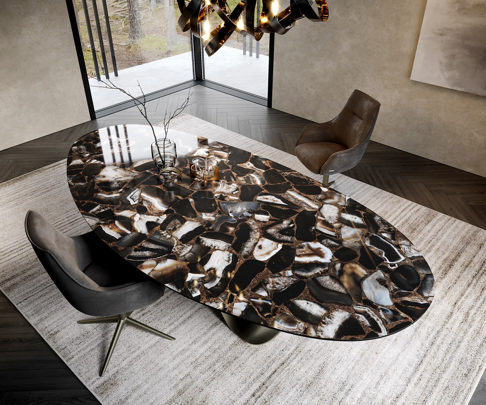 Eetkamertafel Edge Oval 280x130 cm Keramiek Iris FMG Agatablack Infinity Metaal Effectafwerking Titan 1