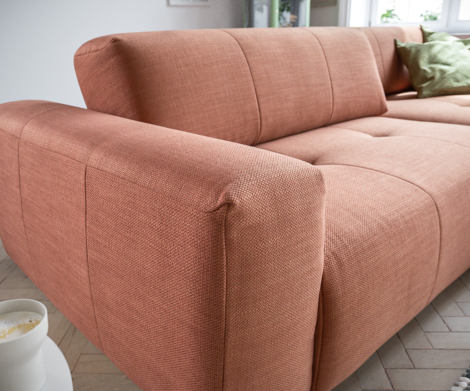 Hoekbank Lazaro 300x160 cm vlak geweven oranje ottoman rechts met zitdiepteverstelling 5