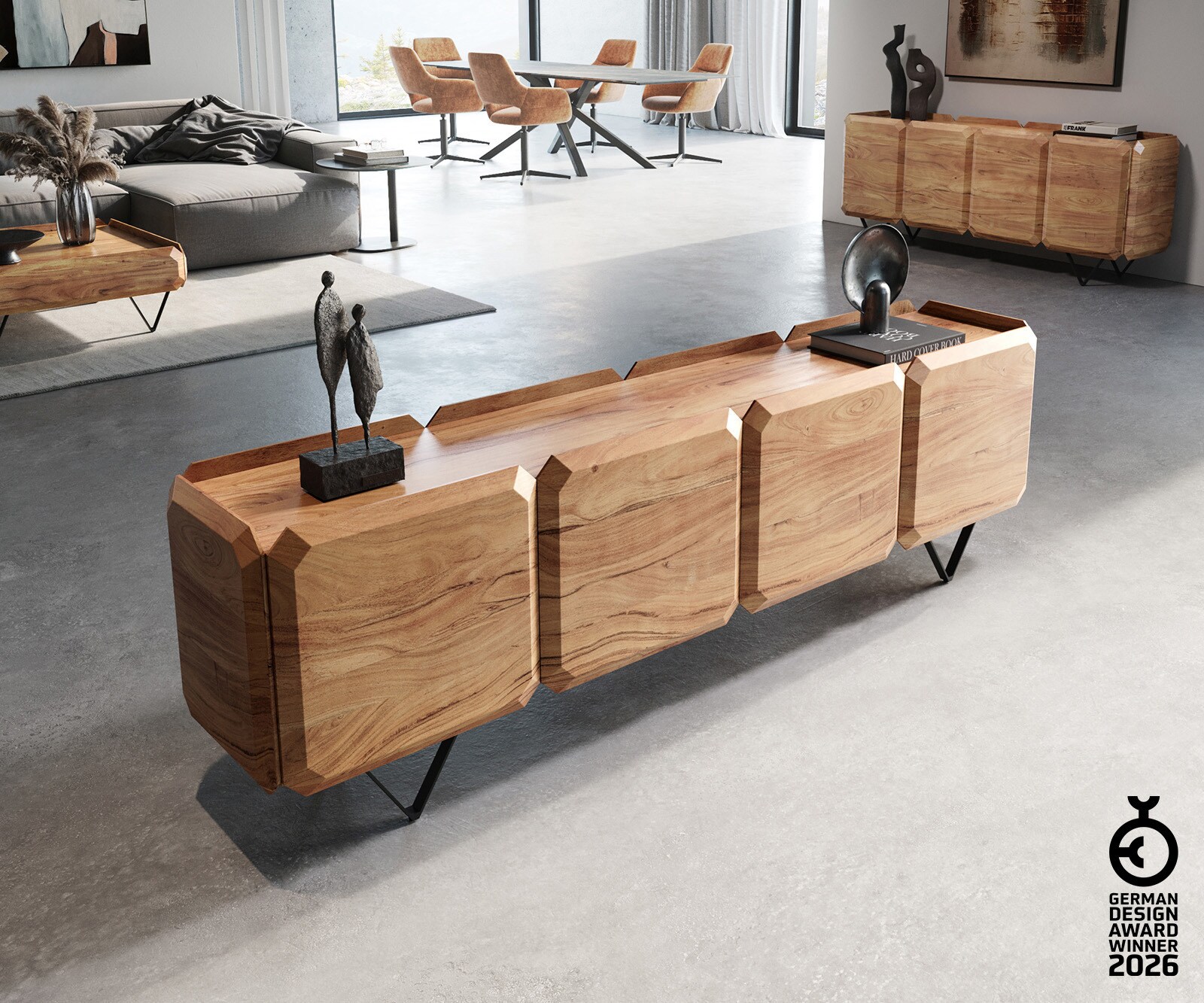 Lowboard Kiano 200 cm Acacia Natuur 4 Deuren V-voet Zwart Roomdivider