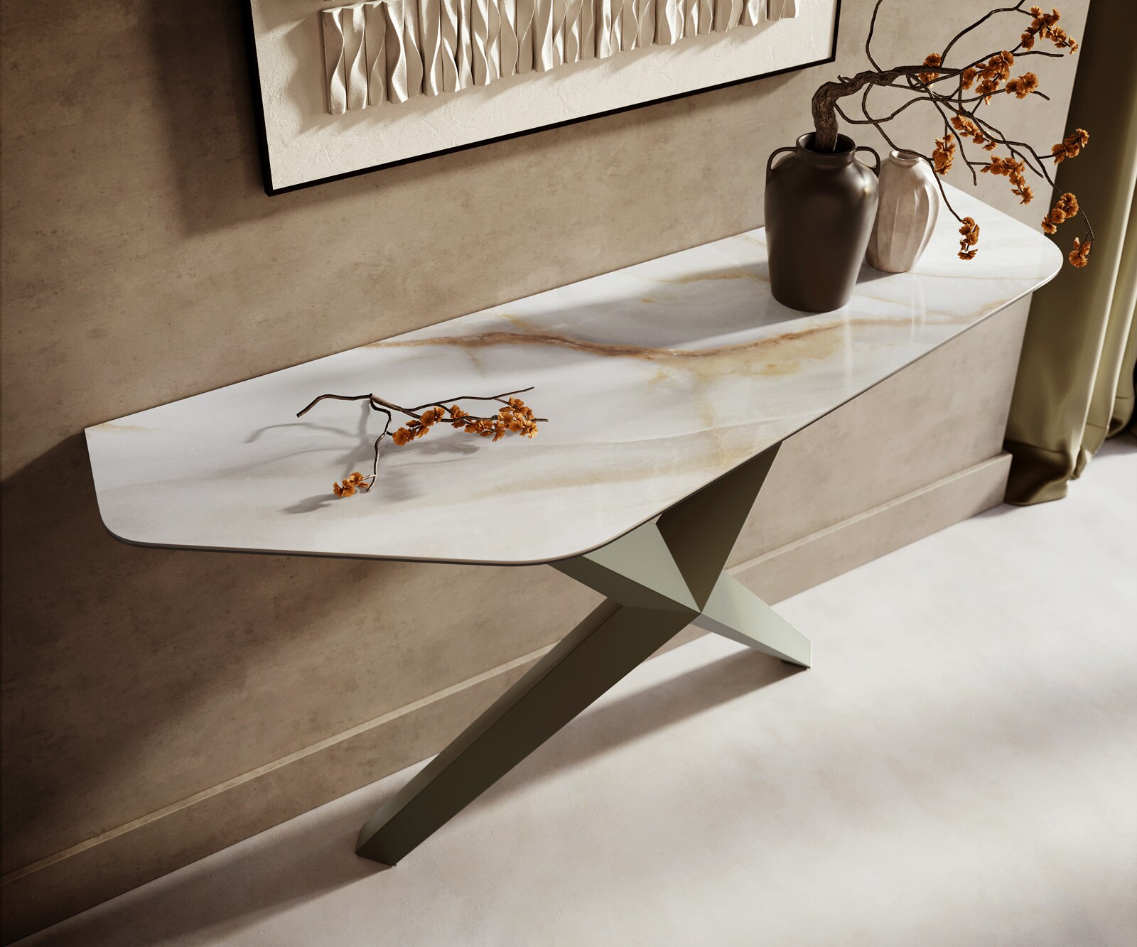 Consoletafel Edge Polygonaal 140x50 cm Keramiek Onyx Pearl Zentharo Metaal Effektfinish Titan 2