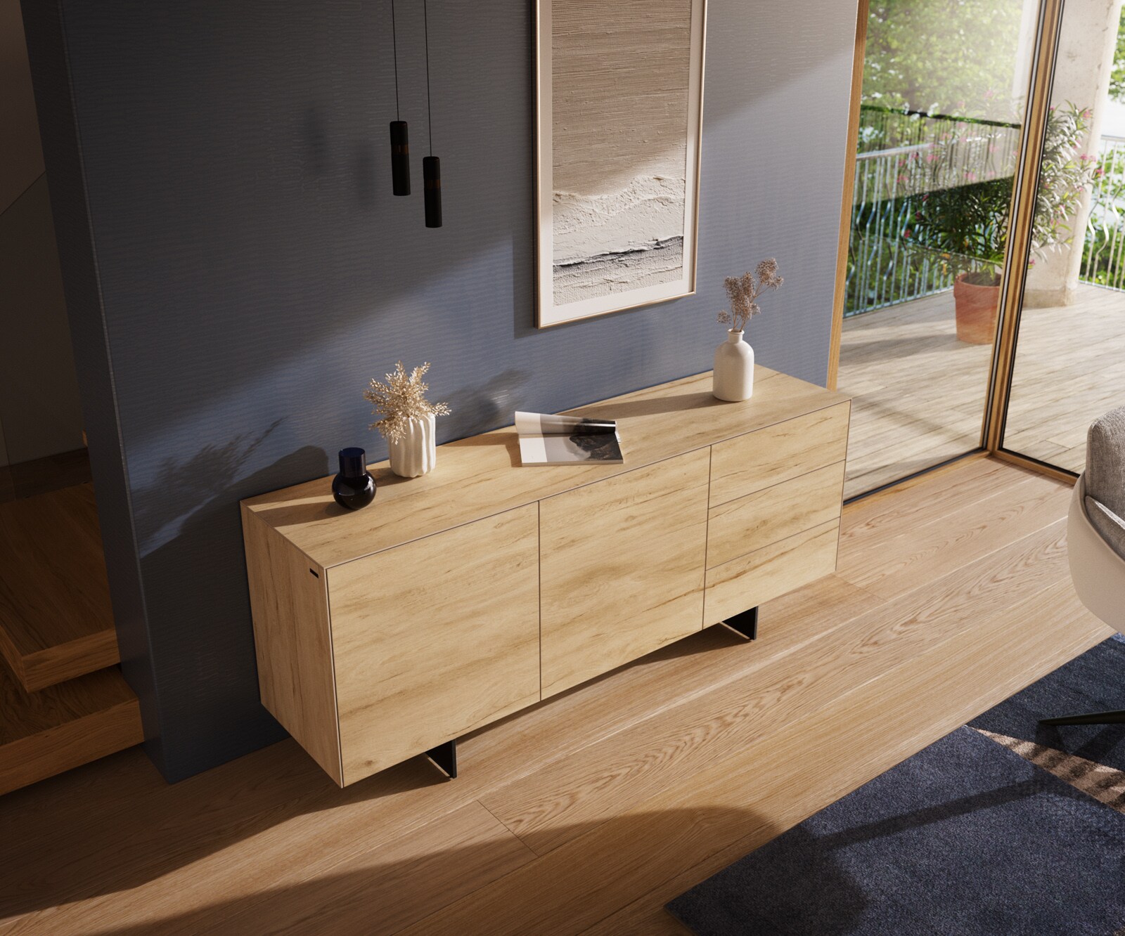 Dressoir Cuor 180 cm Keramiek Laminam® Sabbia Eiken gekleurd 2 Deuren 3 Laden Zwevende voet look Metaal Zwart 3
