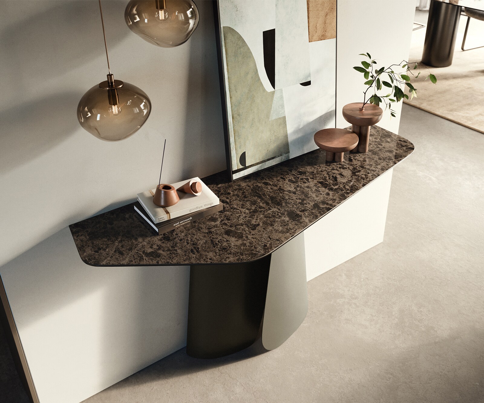 Consoletafel Edge Polygonaal 140x50 cm Keramiek Emperador Extra Lucidato Dunkelbraun Livos Metaal Effektfinish Titan 1