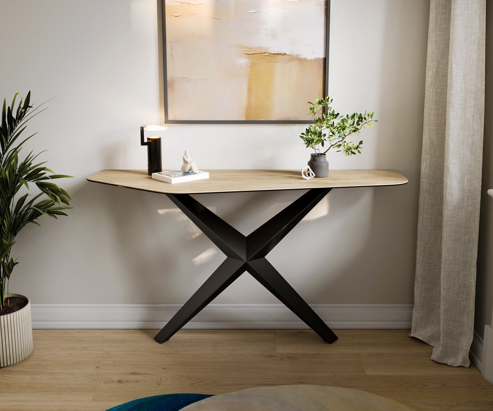 Consoletafel Edge Polygonaal 140x50 cm Keramiek Laminam® Sabbia Eichefarbig Zentharo Metaal Zwart 1