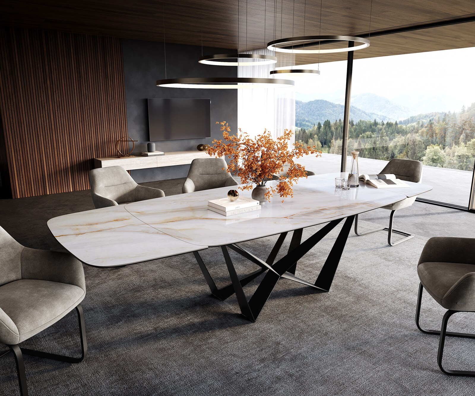 Eettafel Edge bootvorm 200-300x120 cm keramiek Onyx Pearl Spider platstaal zwart uitschuifbaar 1