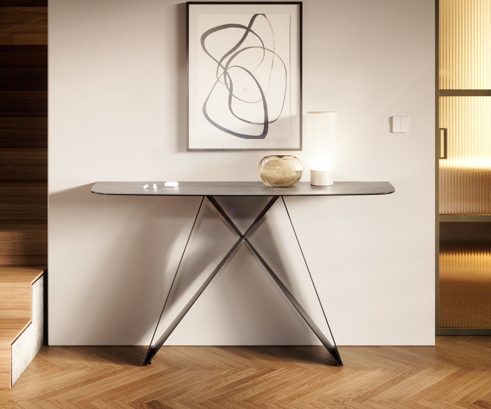 Consoletafel Edge Bootvorm 140x40 cm Keramiek Betongrijs Velio Metaal Zwart 1