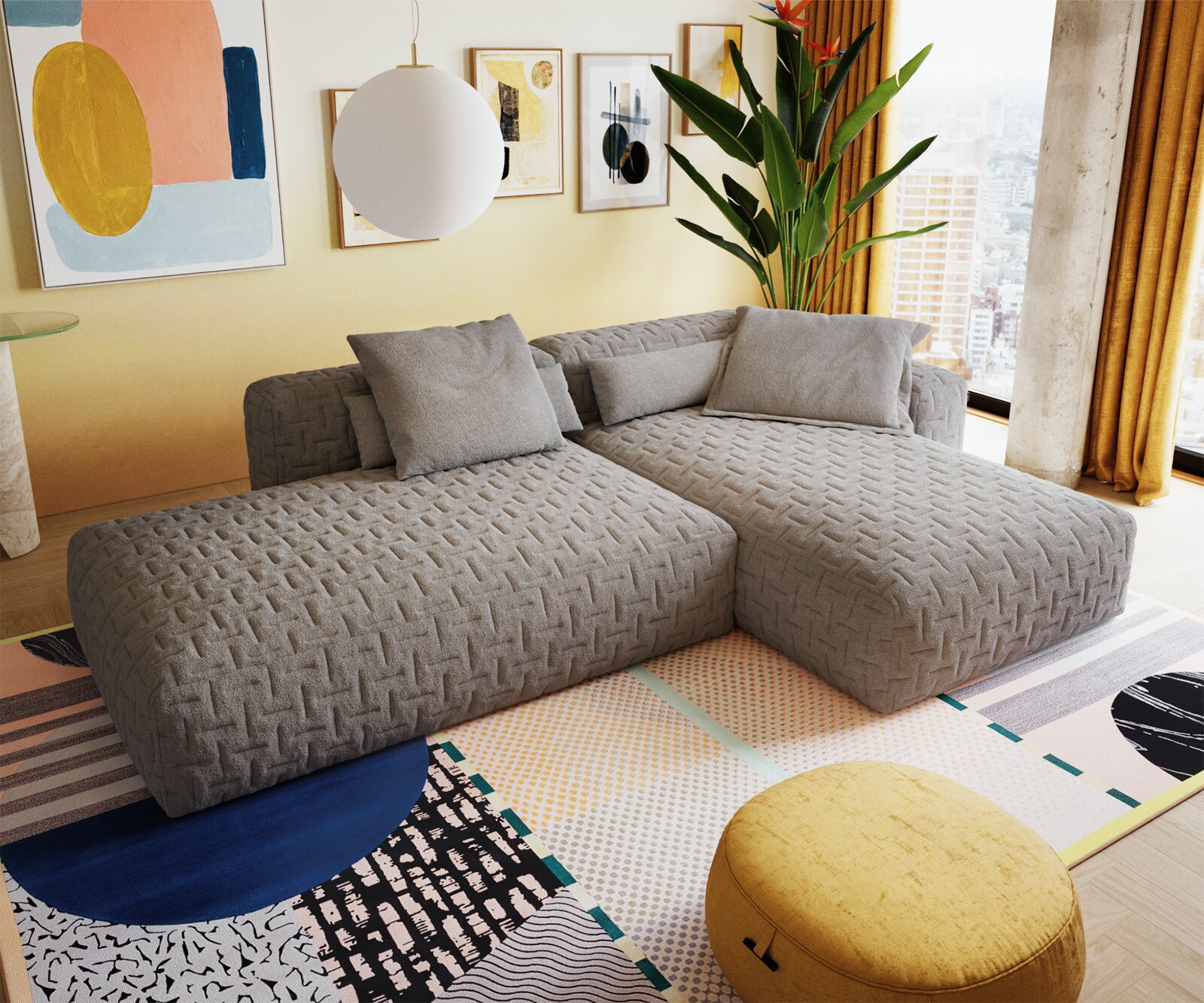 Hoekbank Freestyle 310x200 cm Zachte stof met structuur Grijs gestikt 3