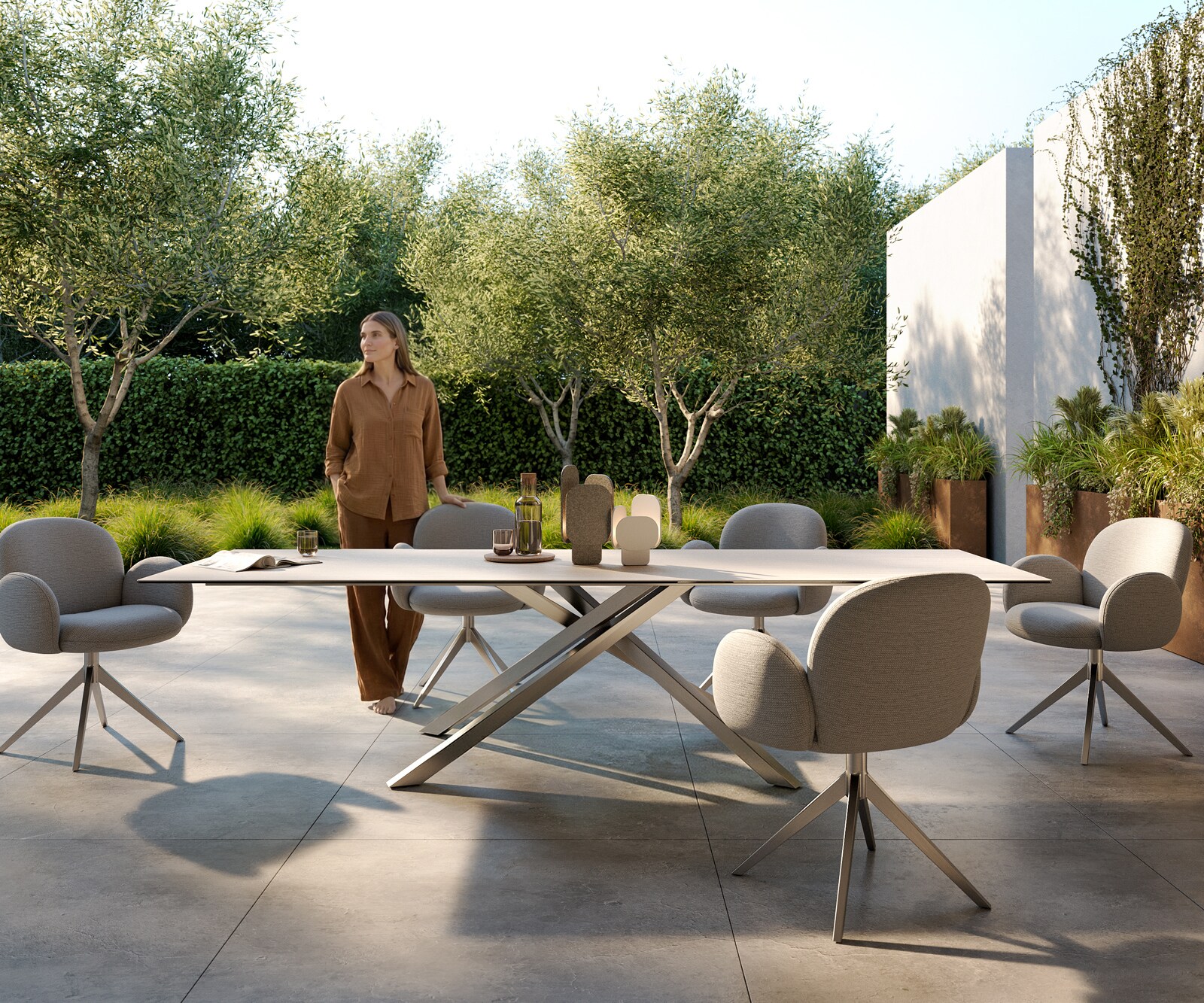 Outdoortafel Edge 300x100 cm keramiek Laminam® Travertino Bianco crème-wit kruispoot rechthoekig roestvrij staal 1