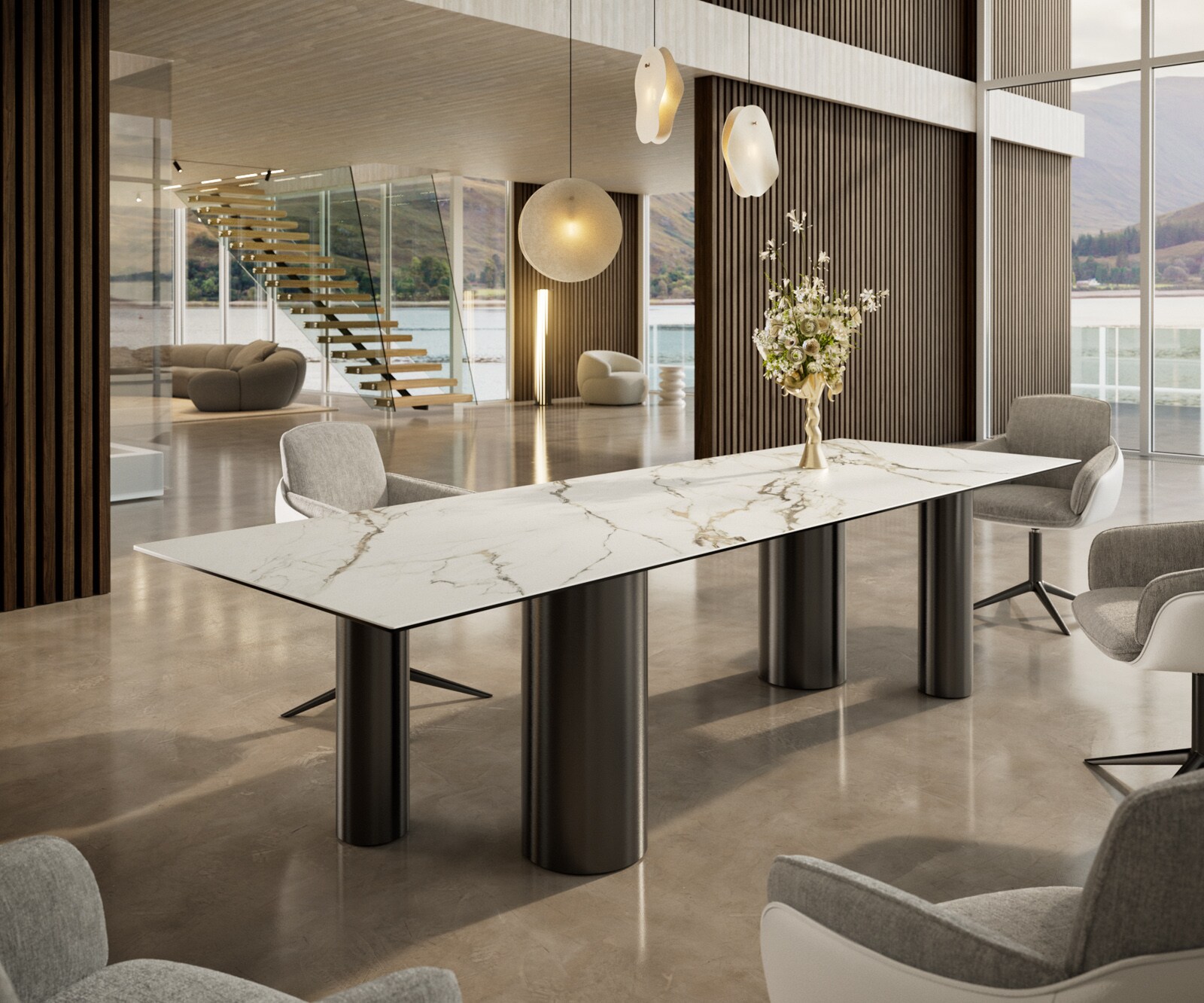 Eetkamertafel Edge 300x100 keramiek Calacatta Luxe wit-Gold-grijs Pilier roestvrij staal grafiet 1