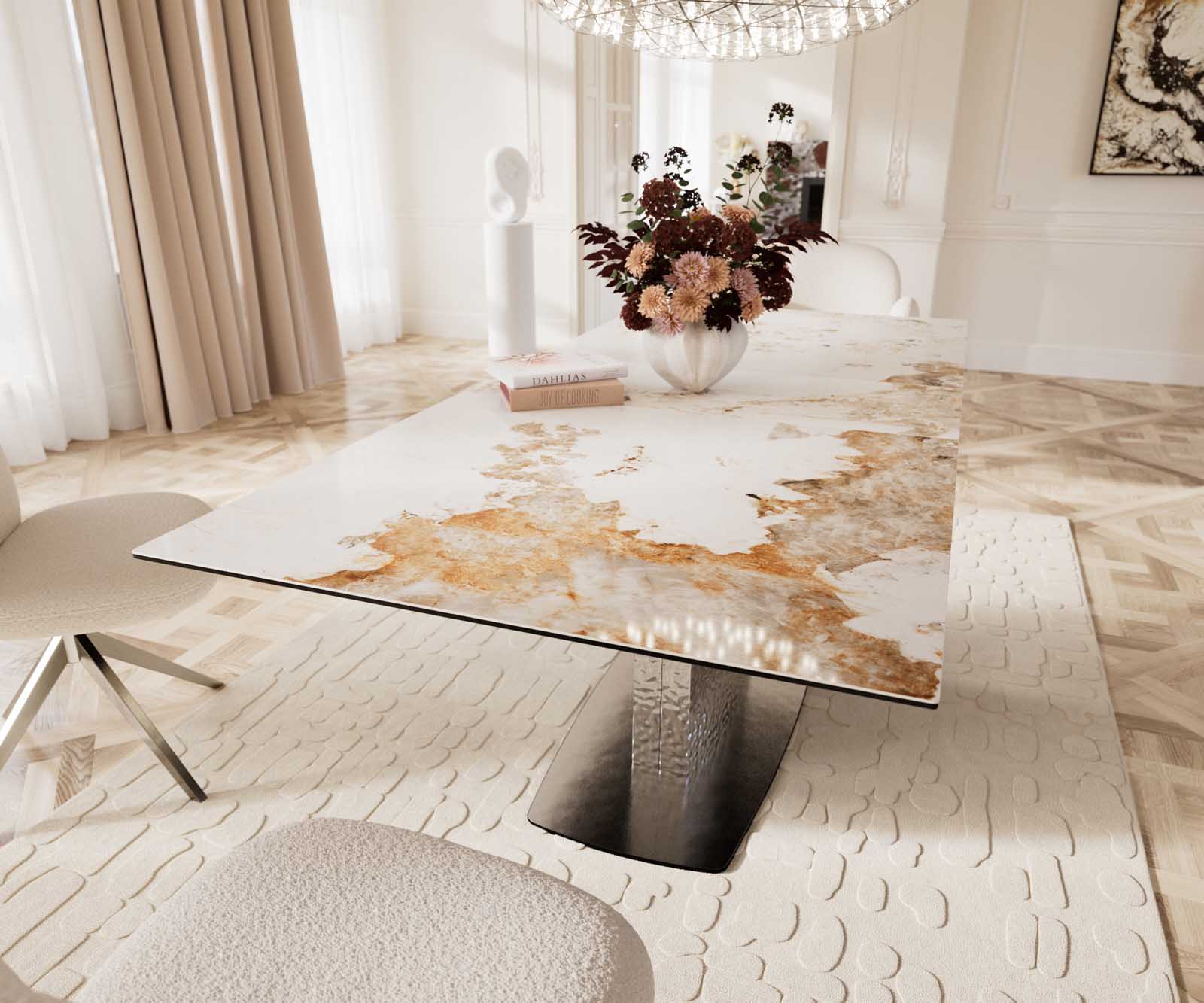 Eetkamertafel Edge 180-220x100 keramiek Minas Melange wit-beige Wave RVS uitschuifbaar 8