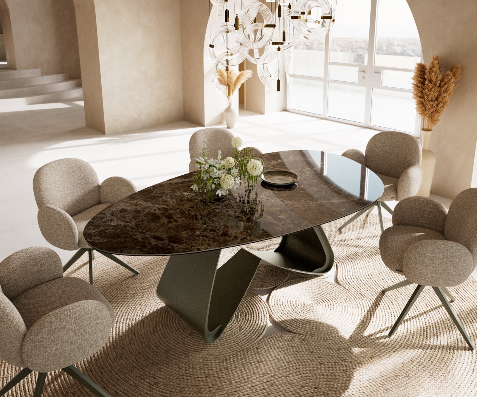 Eettafel Edge Ovaal Keramiek Emperador Extra Lucidato Donkerbruin 220x120 W-onderstel Metaal effectafwerking Titanium 1