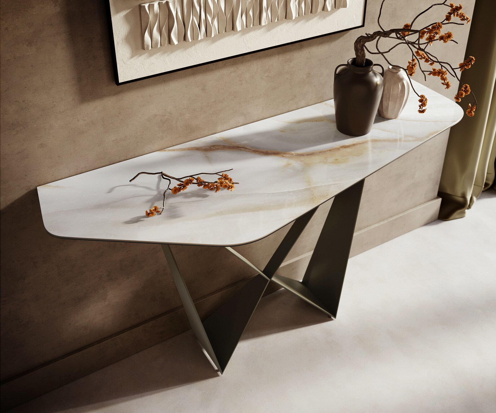 Consoletafel Edge Polygonaal 140x50 cm Keramiek Onyx Pearl Spios Metaal Effektfinish Titan 2