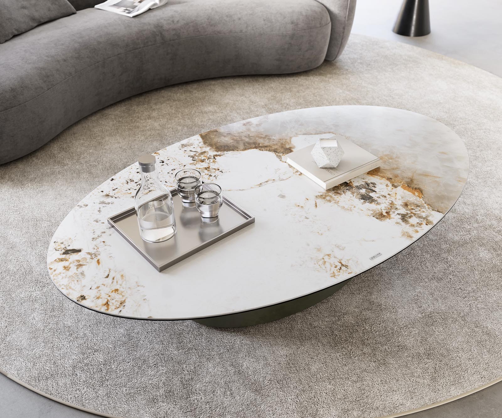 Salontafel Casilda 150x90 cm keramiek Minas Melange wit-beige middenpoot titaniumeffect 5