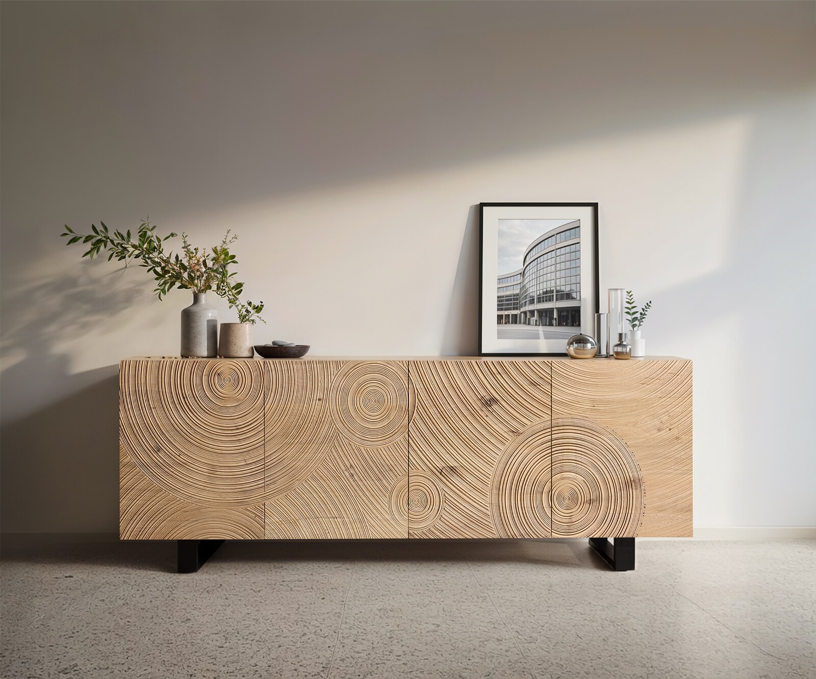 Dressoir Ashara 200 cm eiken natuur 3D-effect 4 deuren met metalen onderstel zwart