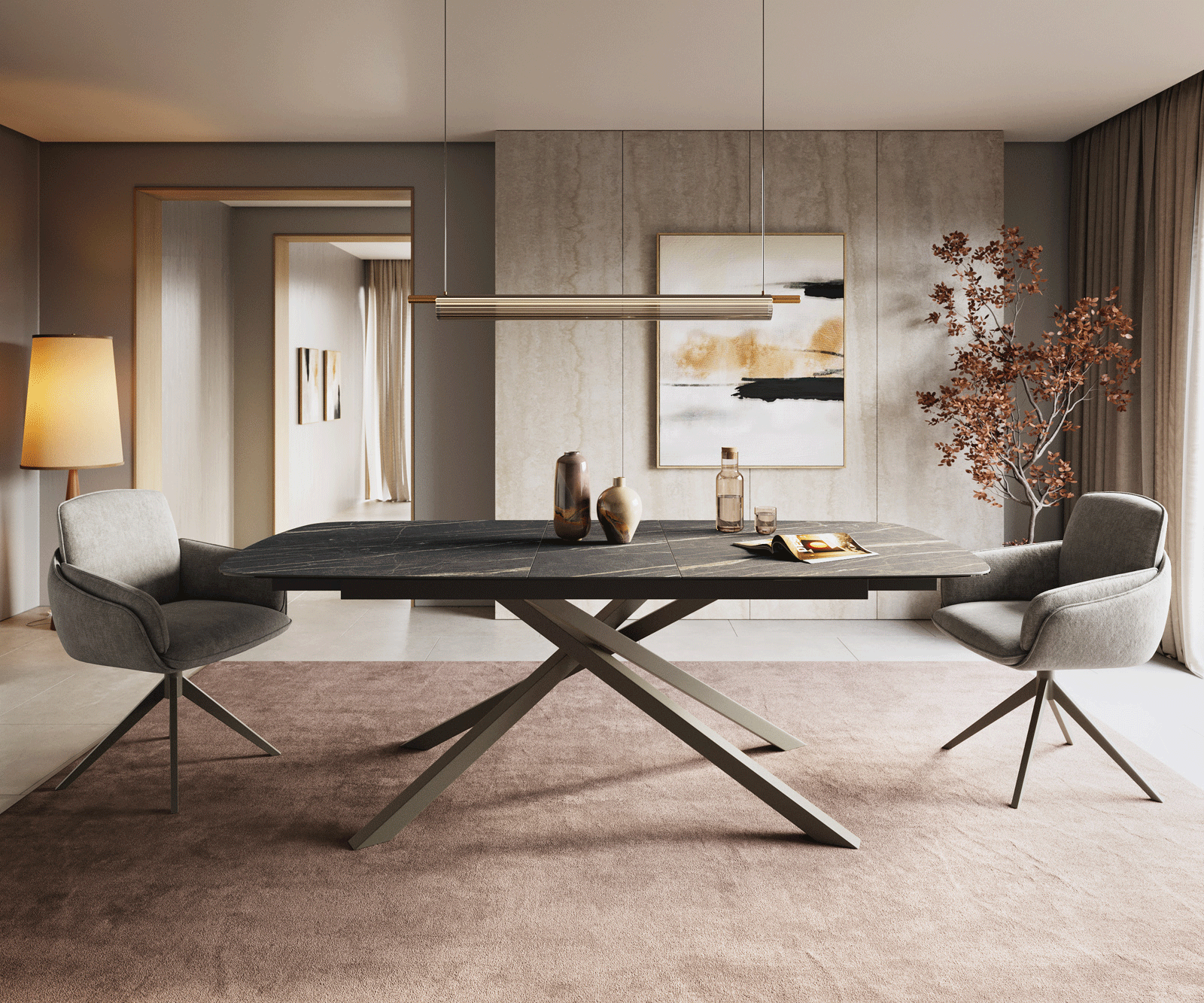Eettafel Edge Boot 180-220x100 cm Laminam® Keramiek Noir Desir Braun kruisonderstel Rechthoek Effectafwerking Titan uitschuifbaar 2