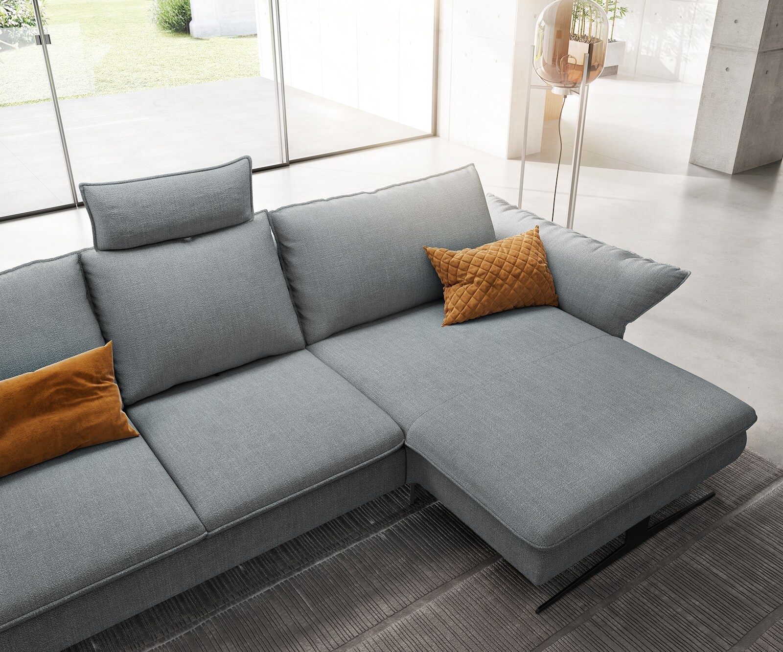 Eckcouch Nerio vlak geweven stof pastelblauw 300 x 190 cm recamière rechts 4