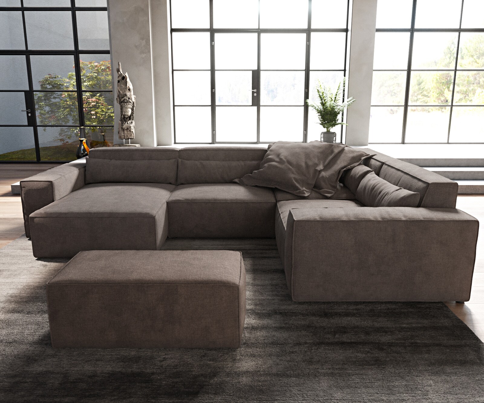 Woonkamerlandschap Sirpio 300x210 cm microvezel Khaki bruin recamiere variabele met kruk 2