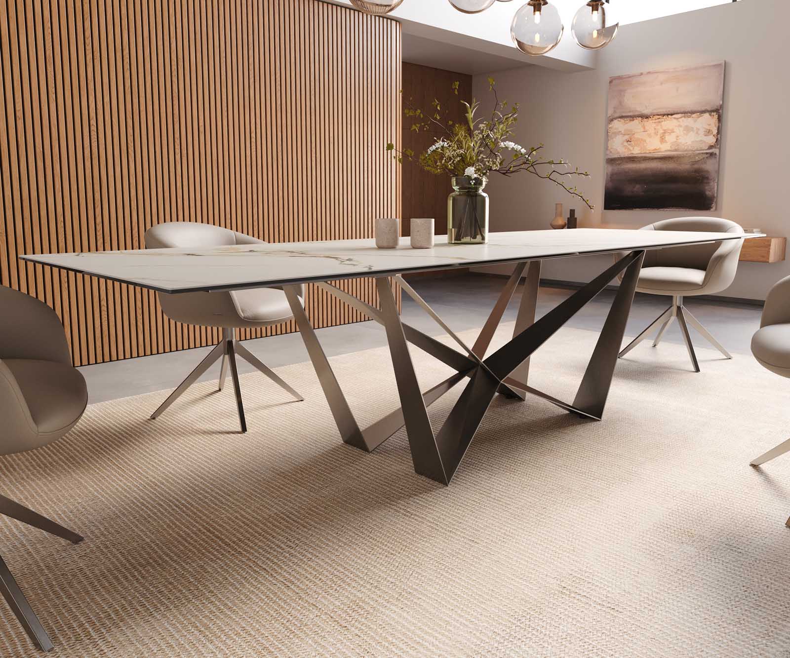 Eetkamertafel Edge 300x100 keramiek Calacatta Luxe wit-goud-grijs spider vlak staal RVS 7