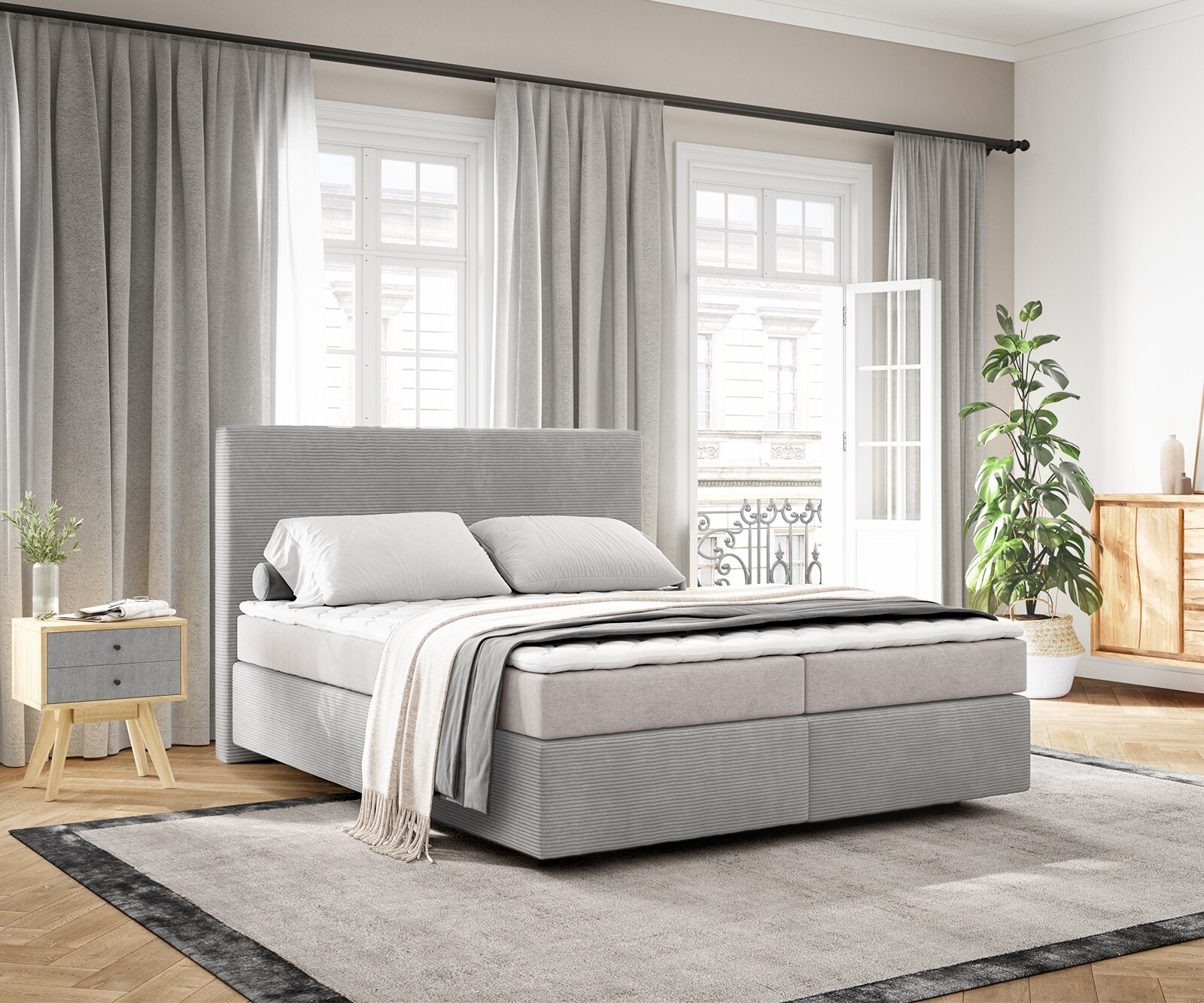 Boxspringbed Dream-Well Cord Silbergrau 160x200 cm mit Matratze und Topper