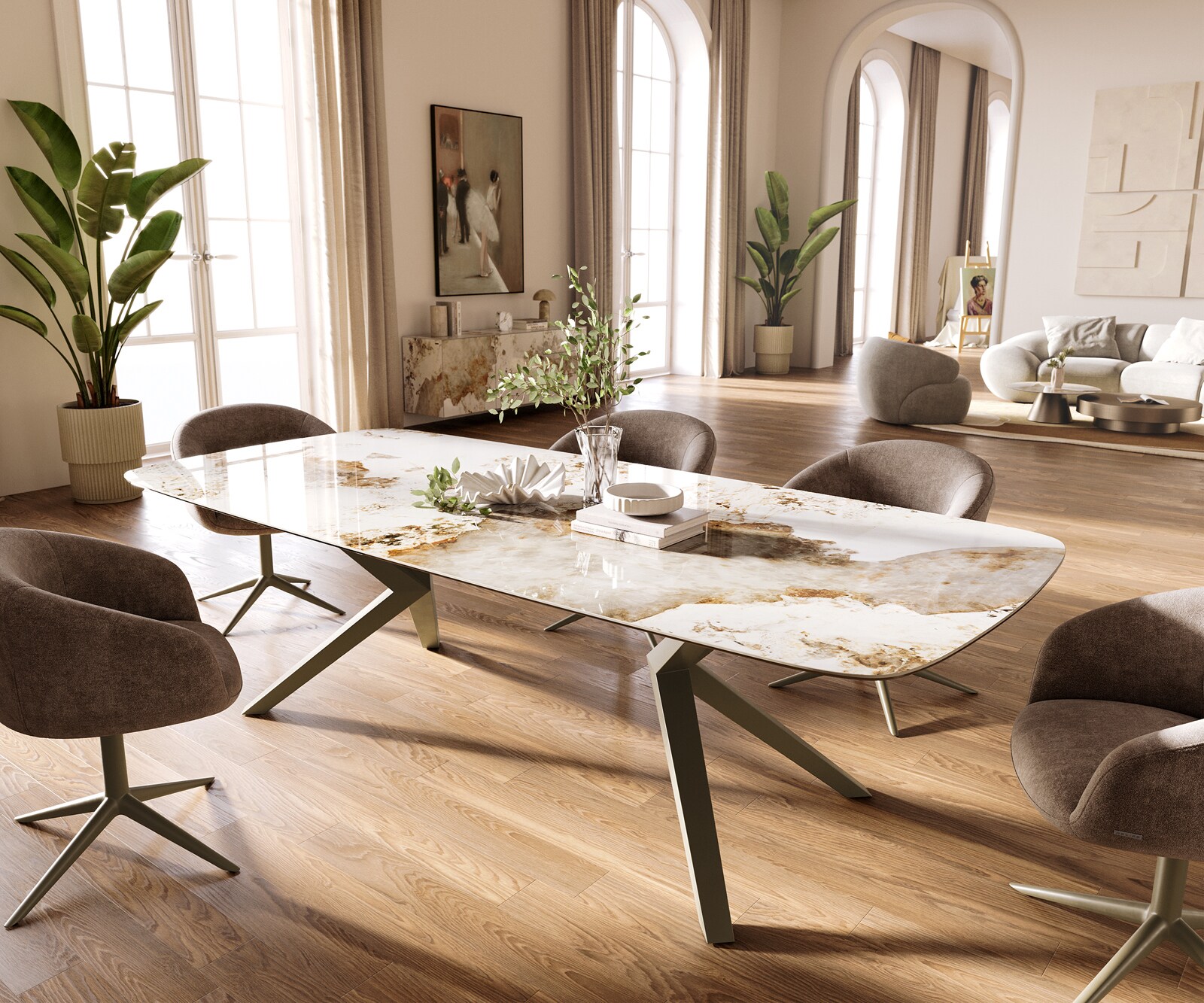 Eettafel Edge Boot 260x120 cm Keramiek Minas Melange Wit-Beige Zenthara kantik Metaal Effectafwerking Titan 1