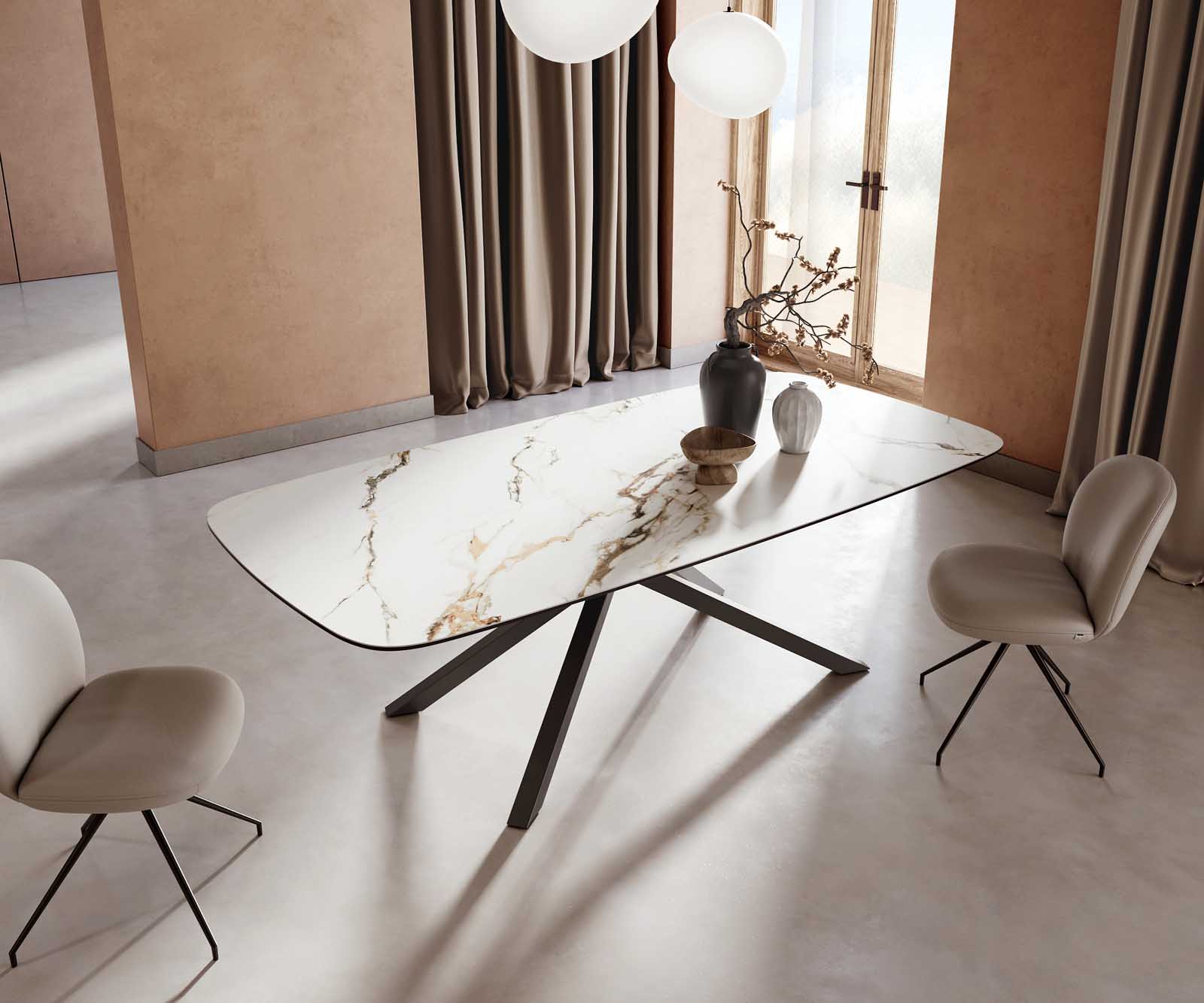 Eetkamertafel Edge Boot 240x120 keramiek Calacatta Luxe wit-goud-grijs kruisframe rechthoek zwart 4