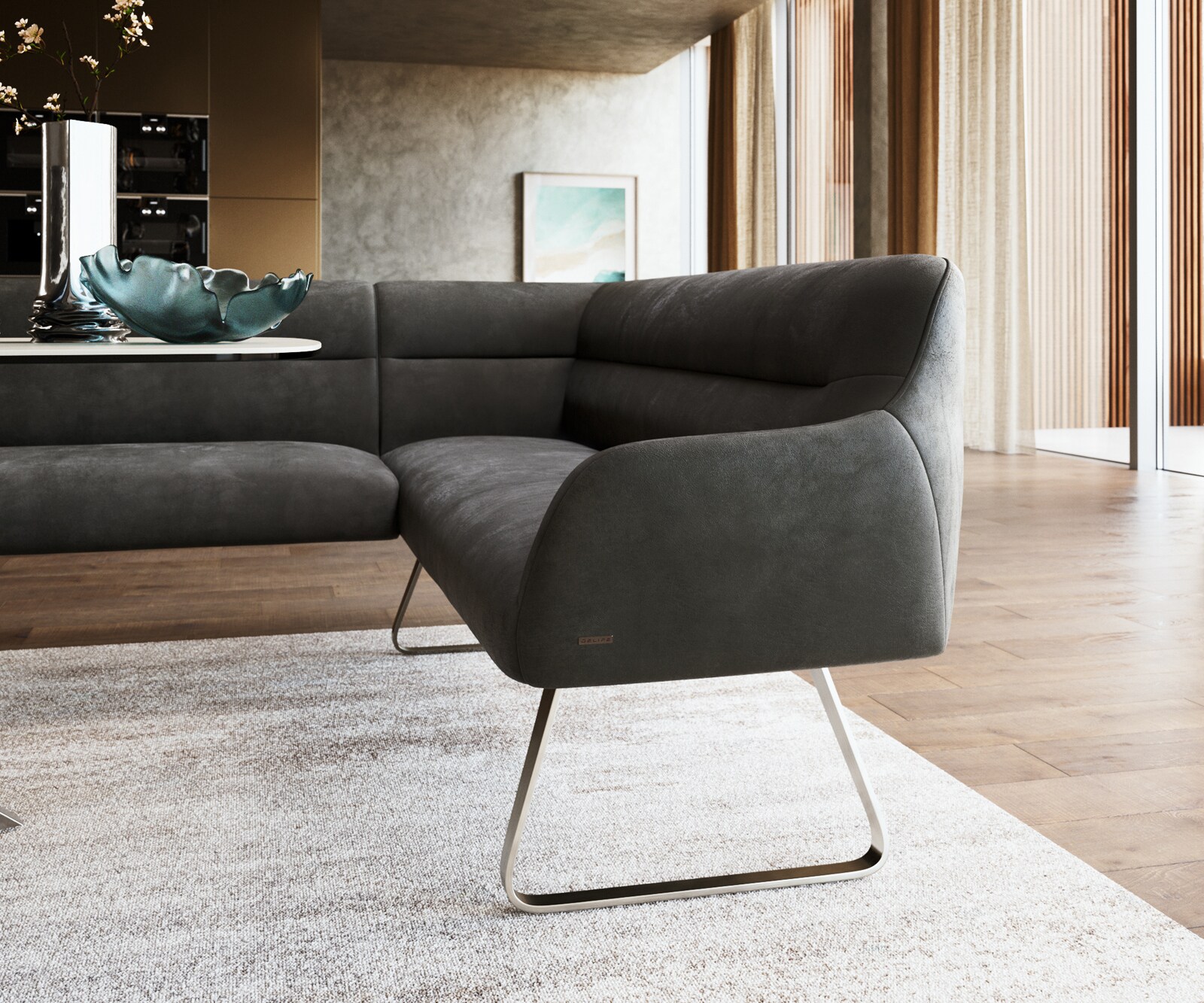 Eetkamerbank Taya-Flex 285x190 cm microvelours anthraciet vintage platte sledebasis roestvrij staal pocketvering rechts 5